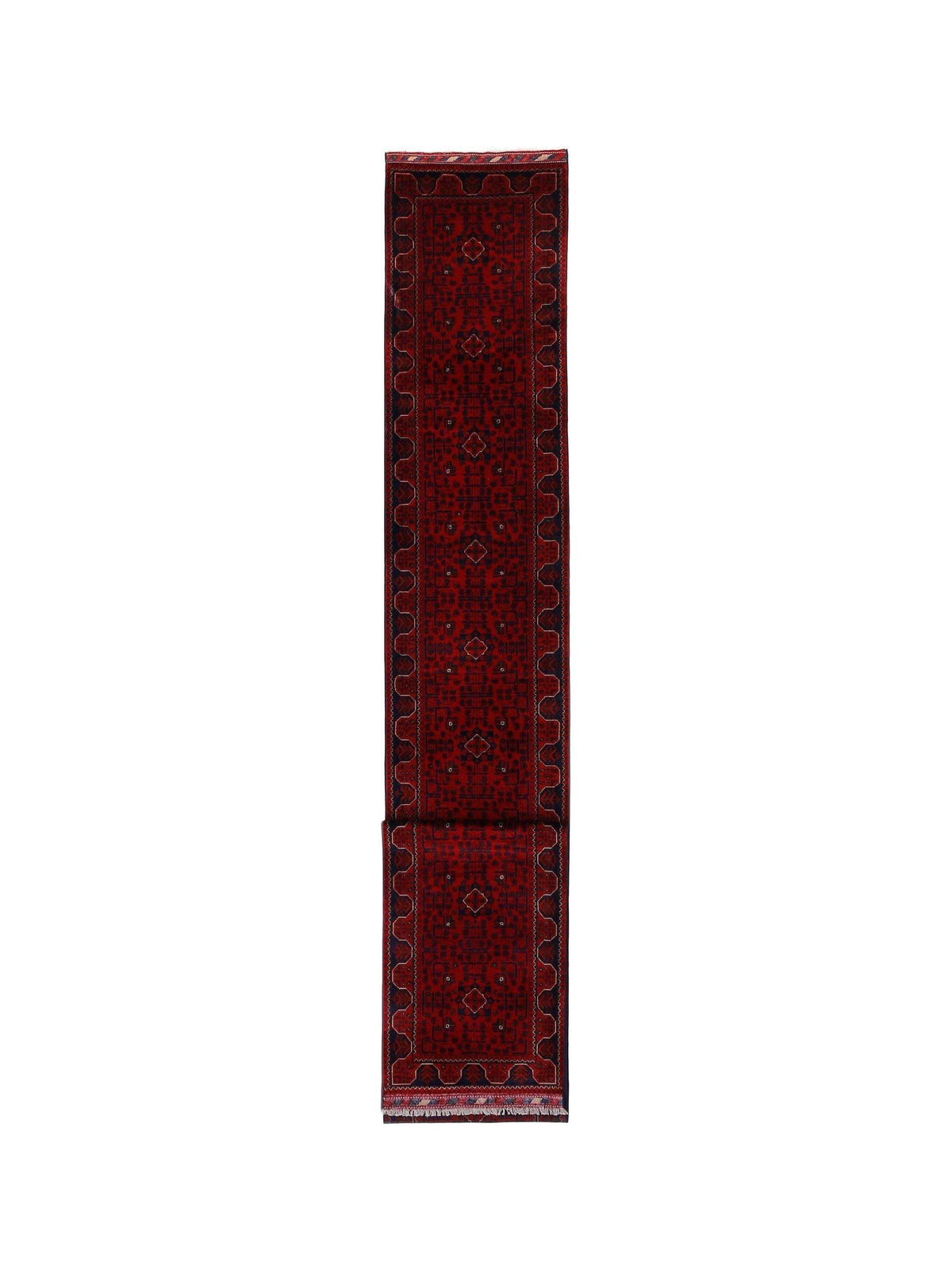 Hand-woven Afghan Khal Mohammadi runner in deep red with geometric guls and a fringed edge.