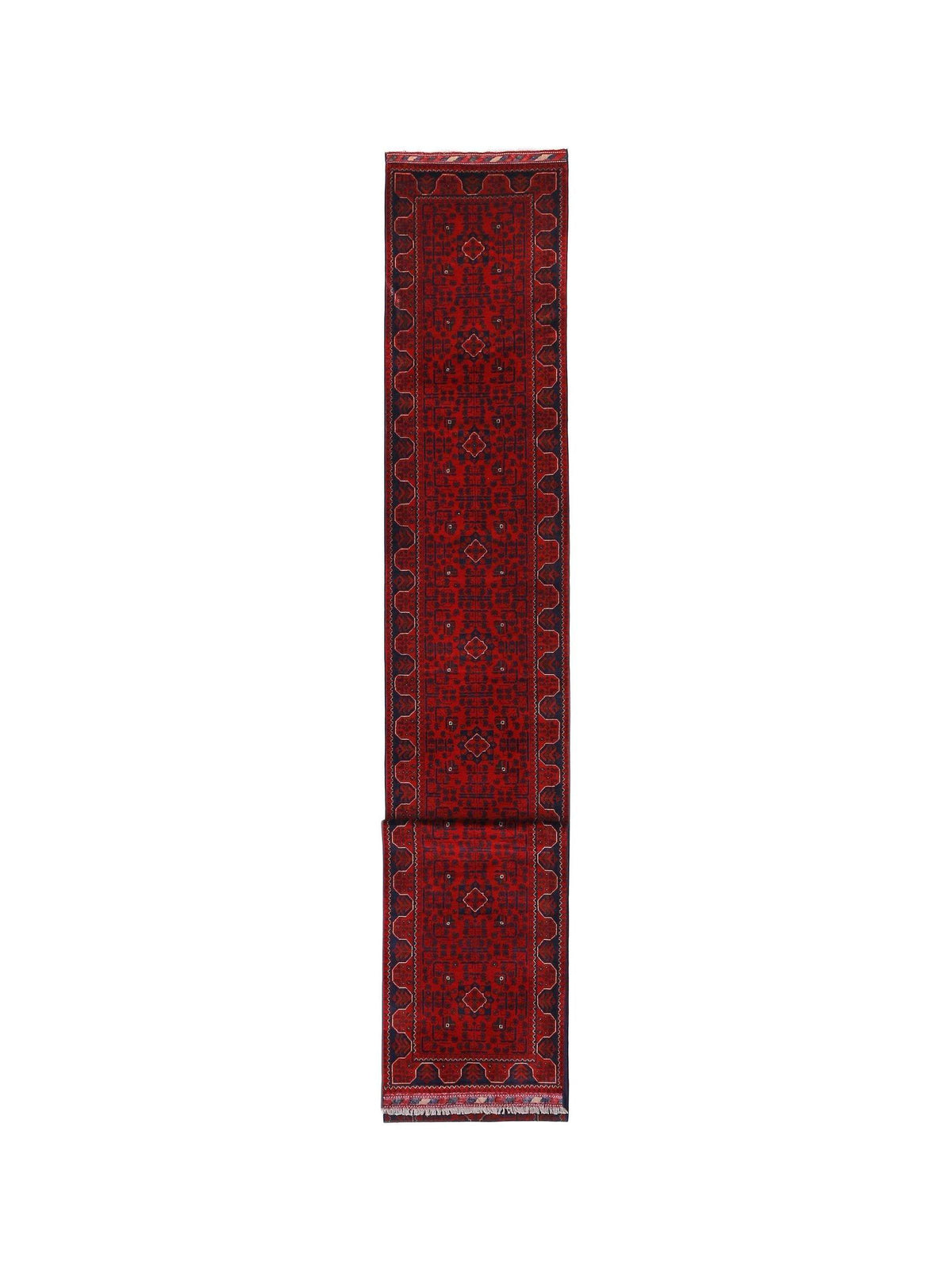 Hand-woven Afghan Khal Mohammadi runner in deep red wool with repeating dark geometric guls and a fringed edge.