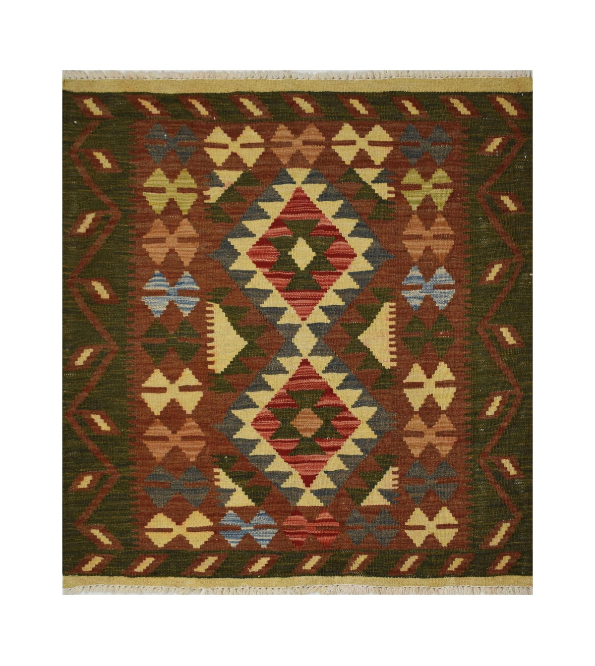 Handmade Afghan Maimana kilim rug featuring a geometric diamond pattern in earthy tones.