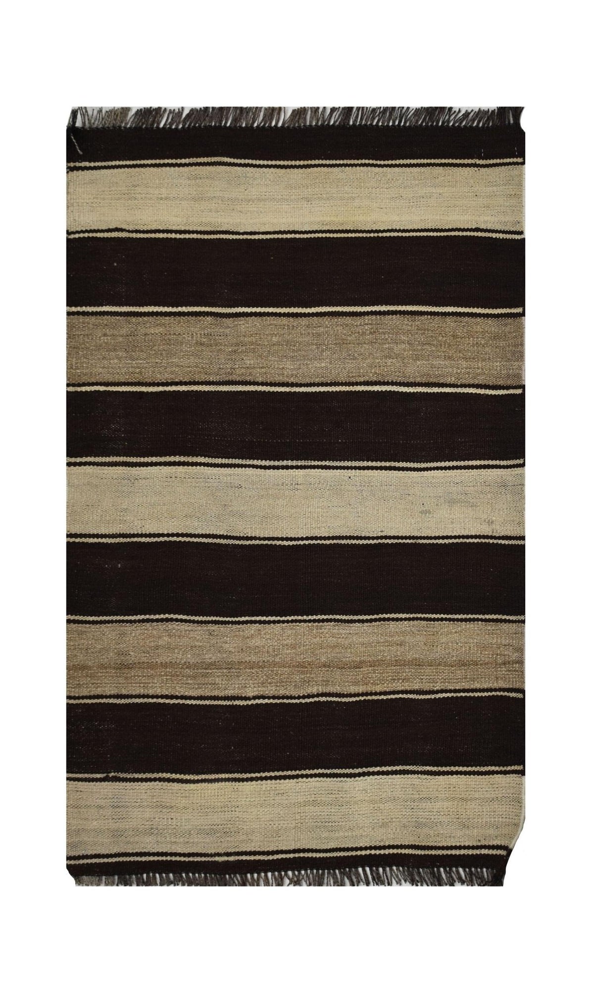 Handwoven Afghan Maimana kilim featuring horizontal stripes in dark brown, cream, and earthy tan with a fringed edge.