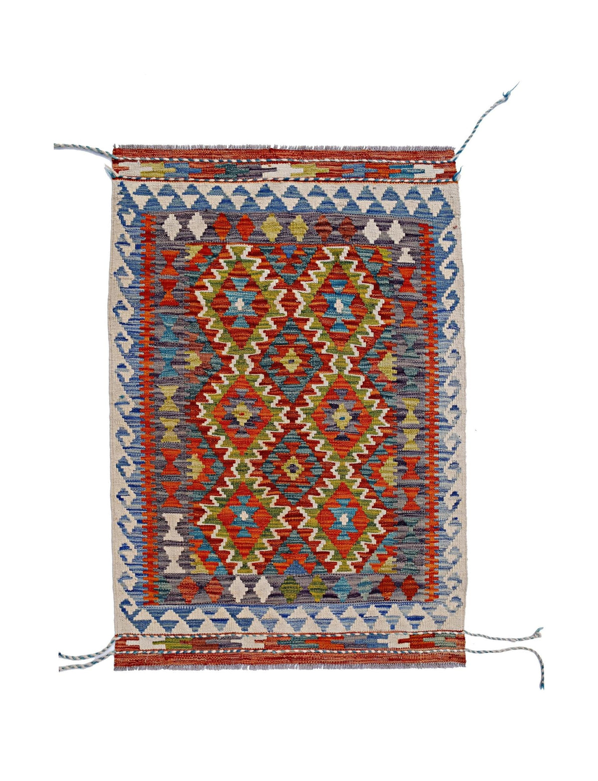 Handwoven Afghan Maimana kilim rug featuring a vibrant geometric diamond pattern in wool.