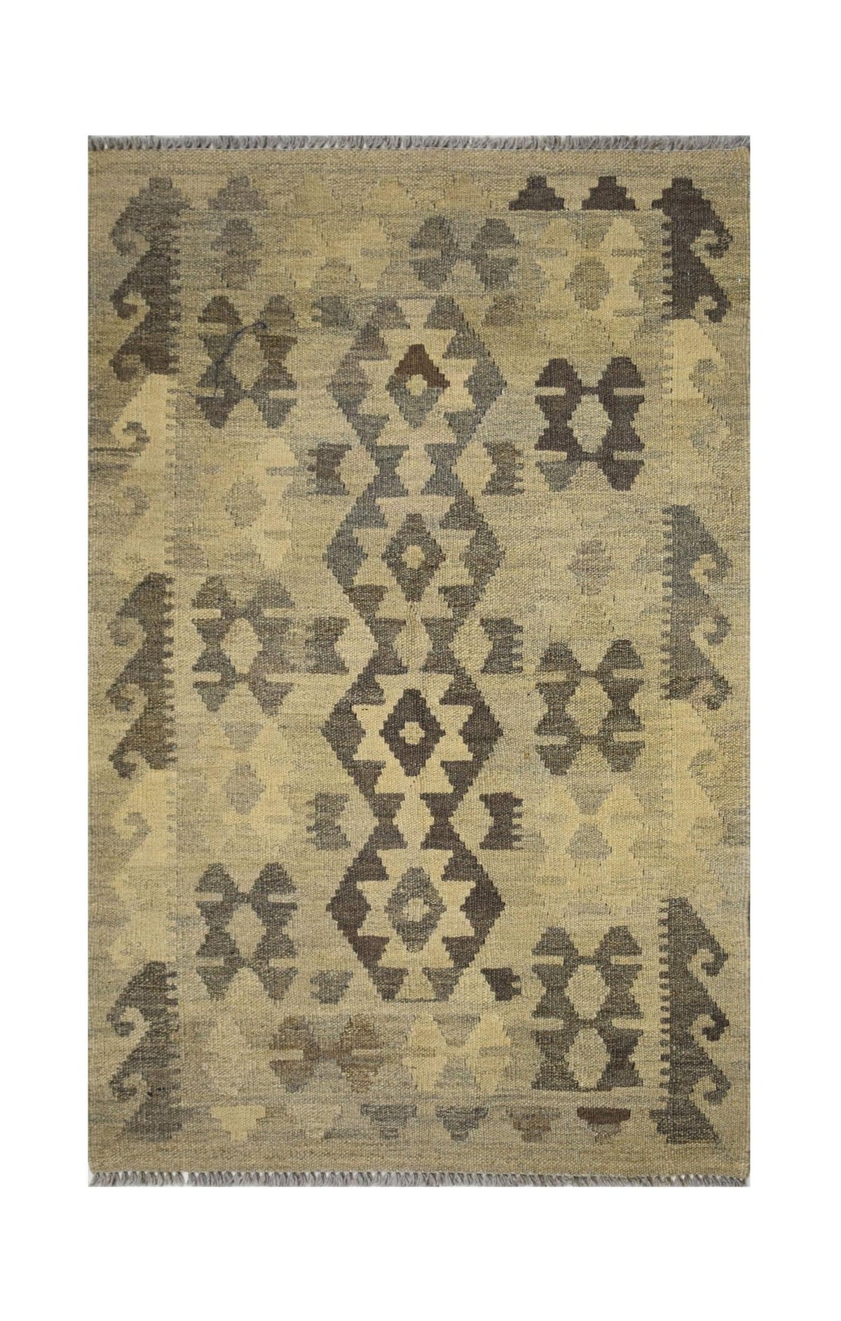 Handmade Afghan Maimana kilim rug featuring a geometric pattern in natural wool tones.