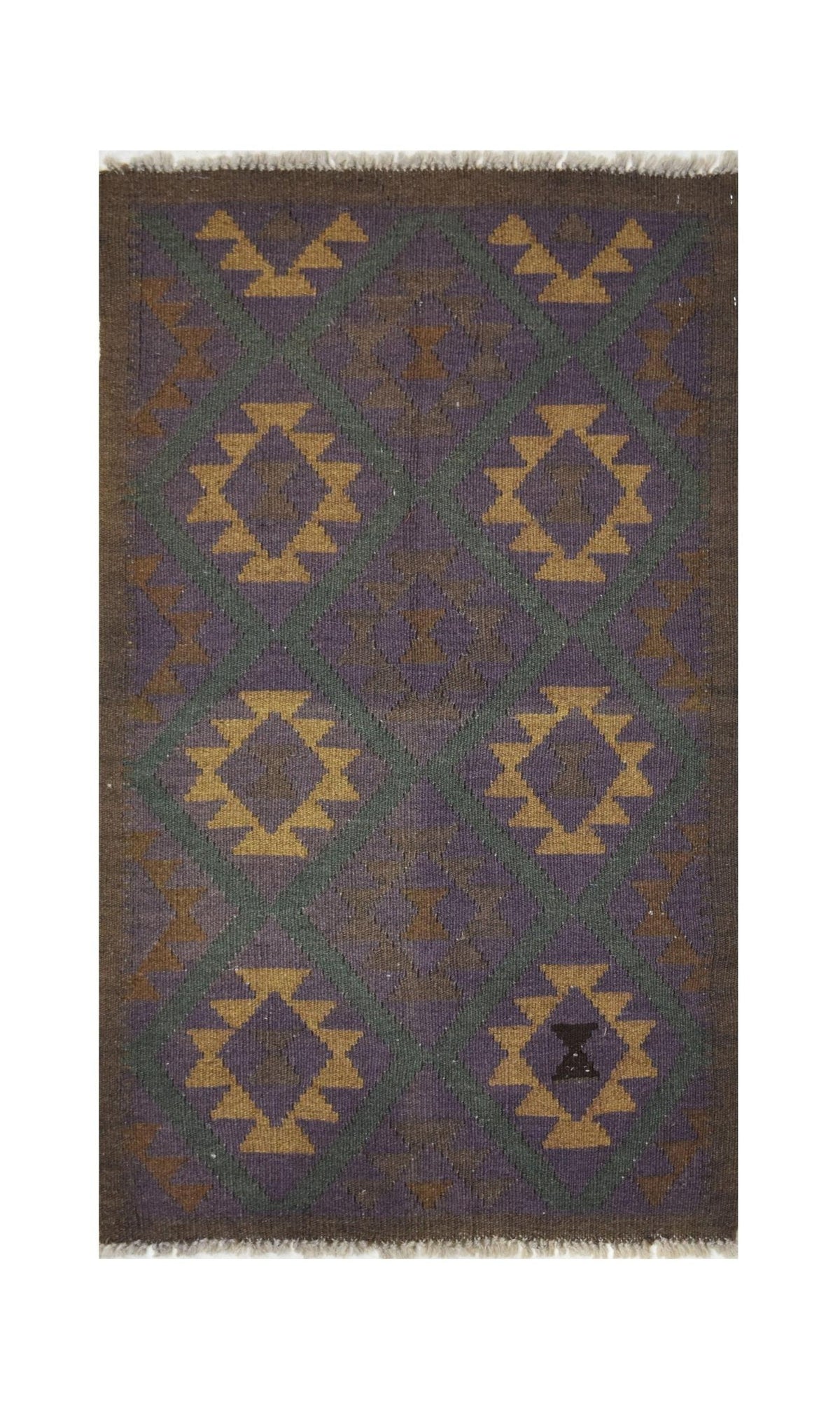 Handmade Afghan Maimana kilim rug featuring a geometric diamond pattern in purple, brown, and gold.