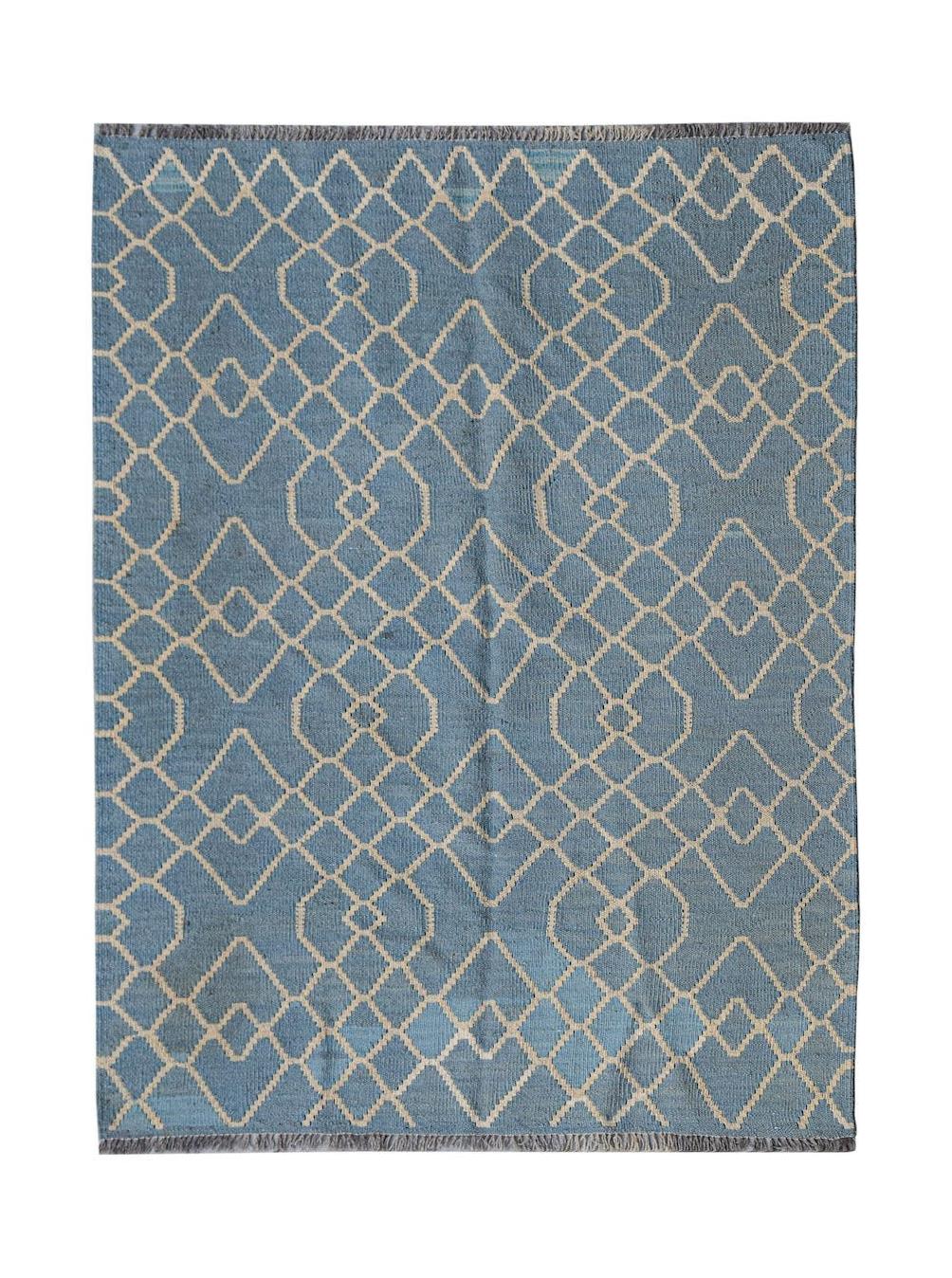 Handwoven Afghan Maimana kilim rug featuring a blue field with a cream geometric lattice pattern.