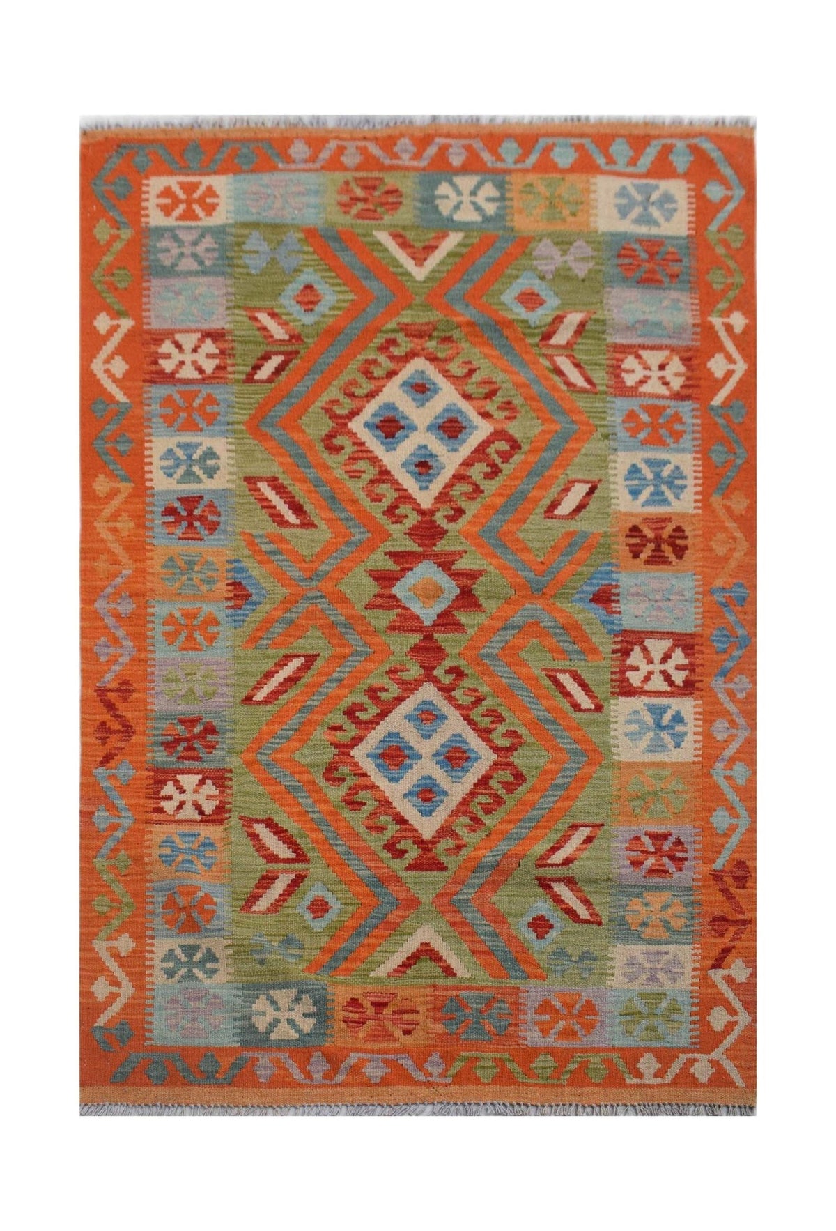 Handwoven Afghan Maimana kilim rug featuring a geometric diamond pattern in vibrant colors.