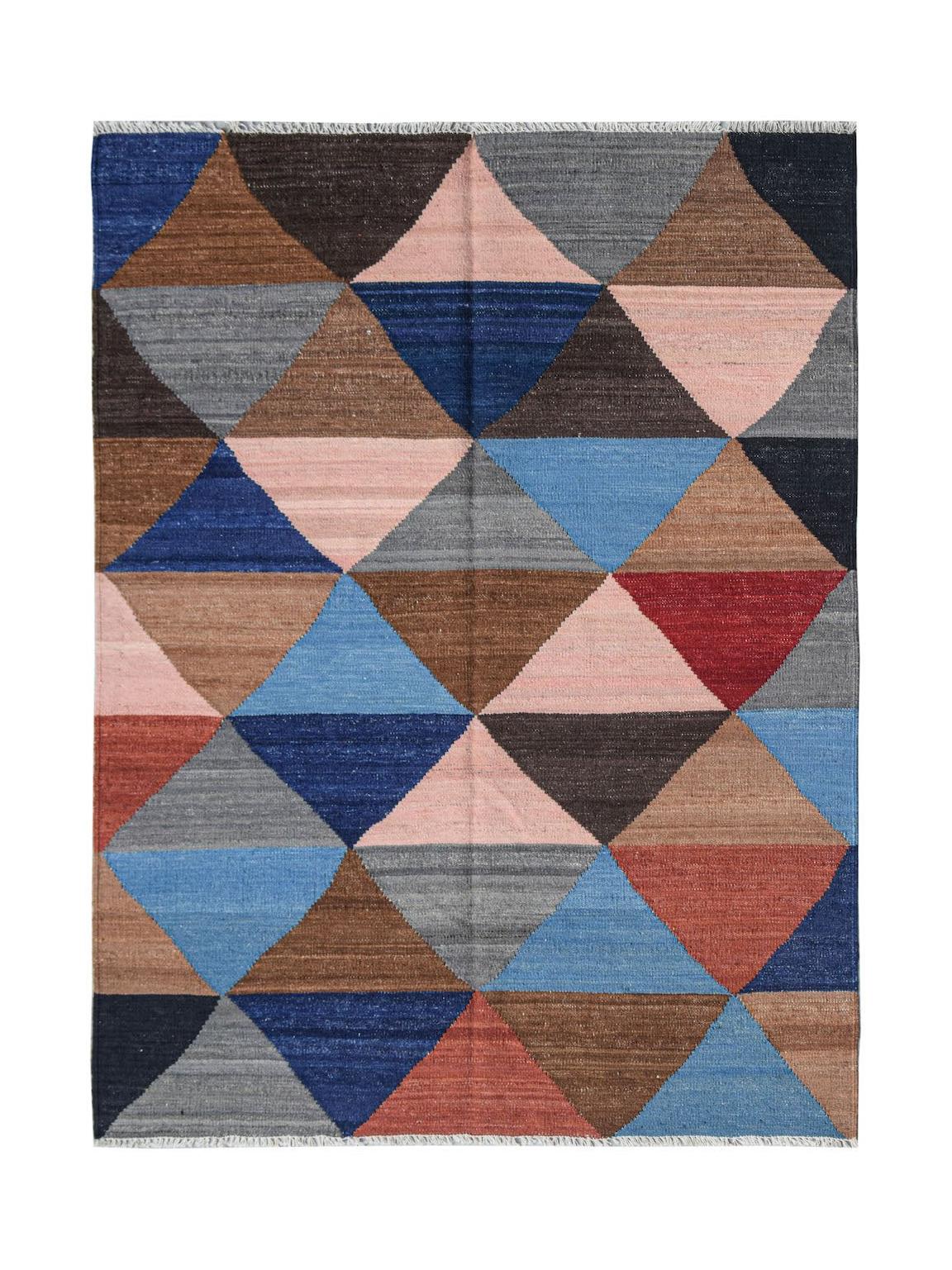 Handwoven Afghan Maimana kilim rug featuring a geometric pattern of multicolored triangles.