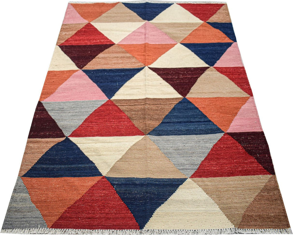 Afghan Maimana Kilim with a geometric triangle pattern in various colors.