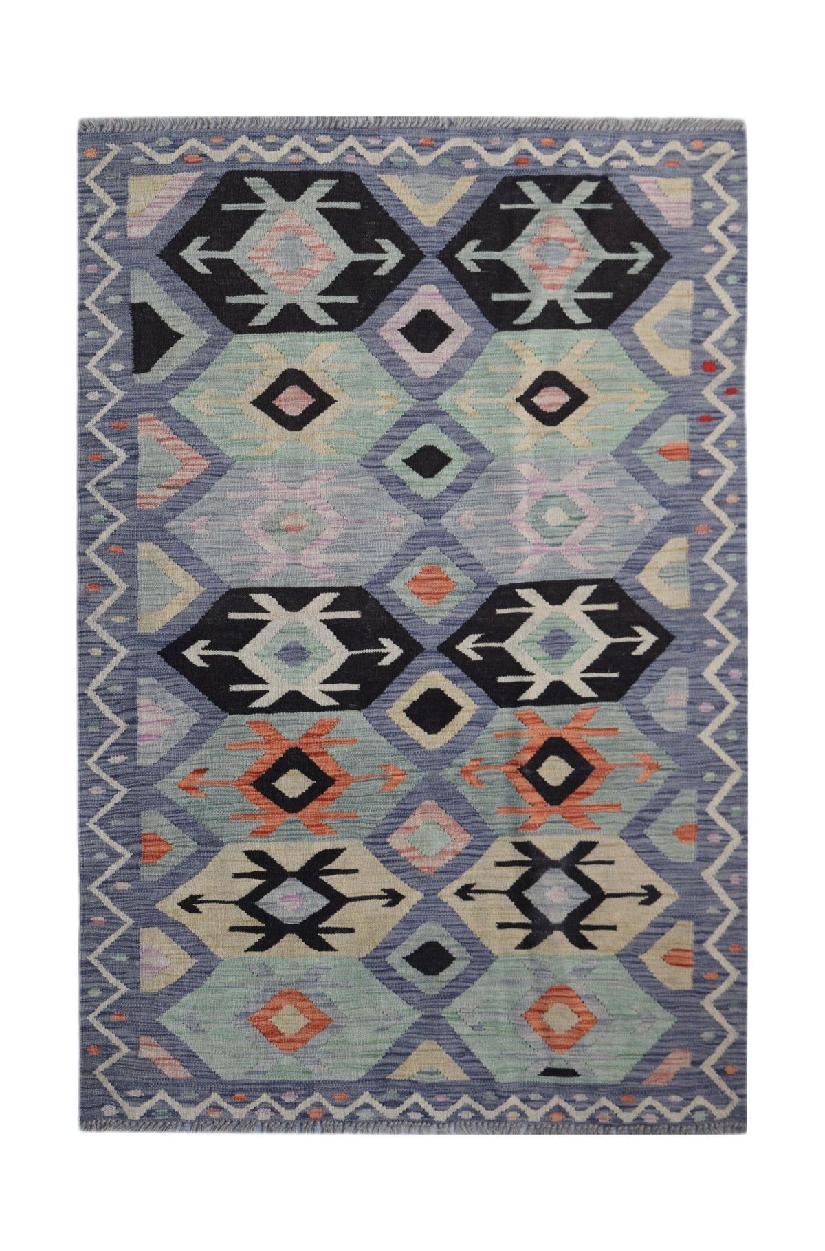 Handwoven Afghan Maimana kilim rug featuring a geometric pattern in blue, black, and orange tones.