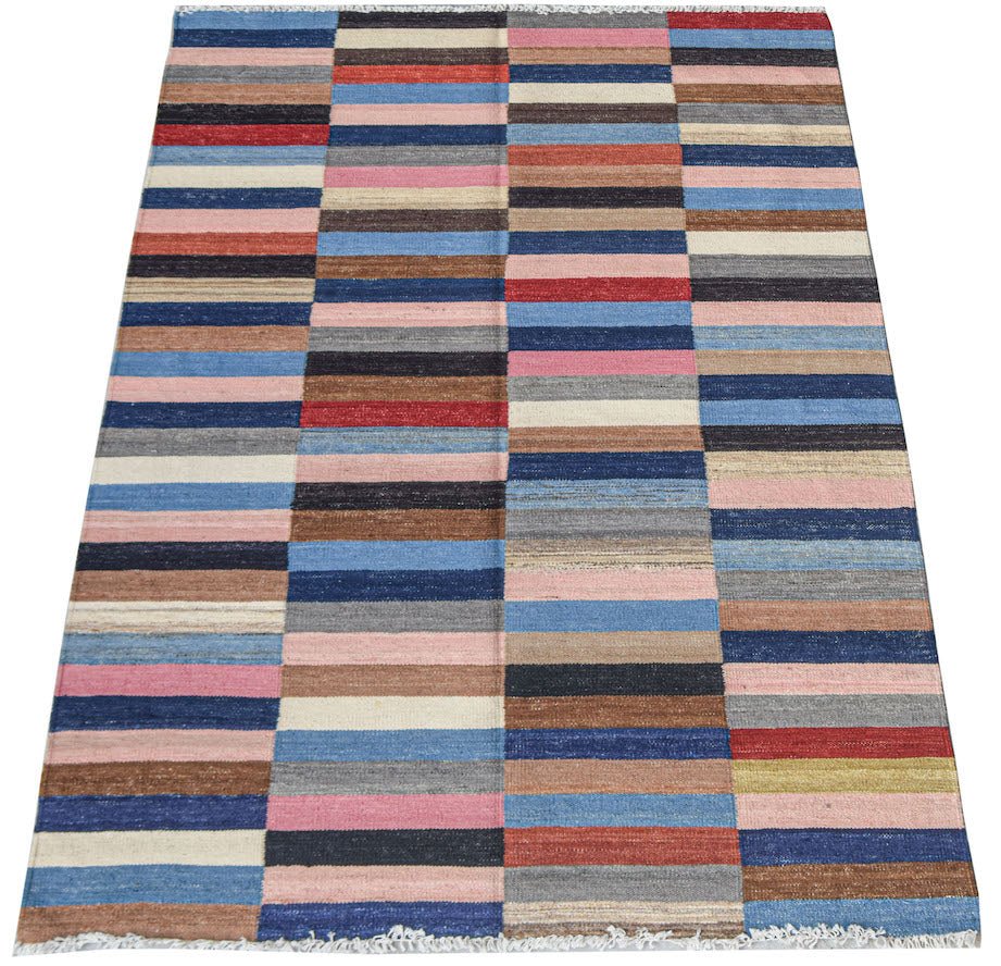 Handwoven Afghan Maimana kilim rug featuring a colorful geometric striped pattern in wool.