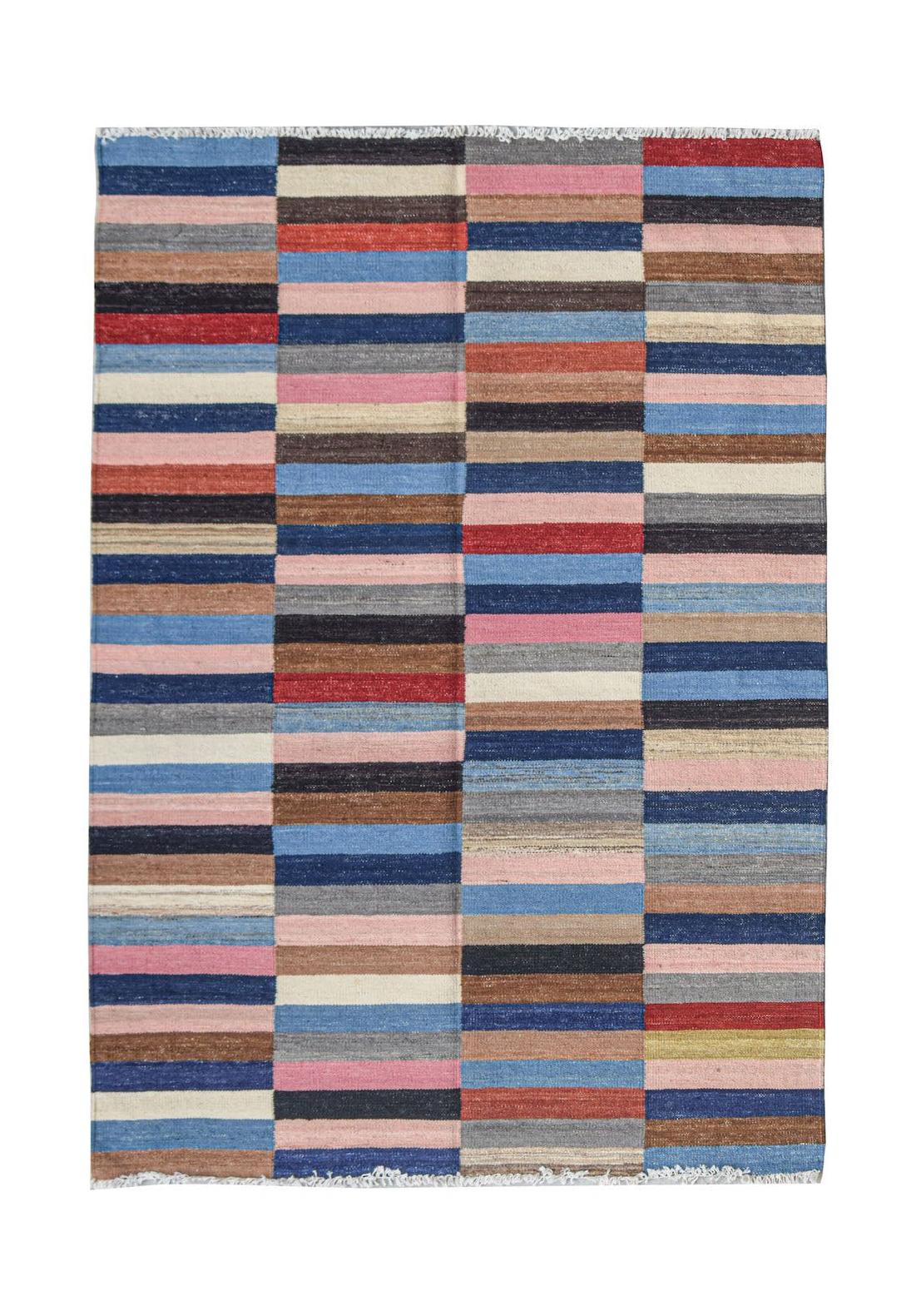 Handwoven Afghan Maimana kilim rug featuring a colorful geometric pattern of horizontal stripes.