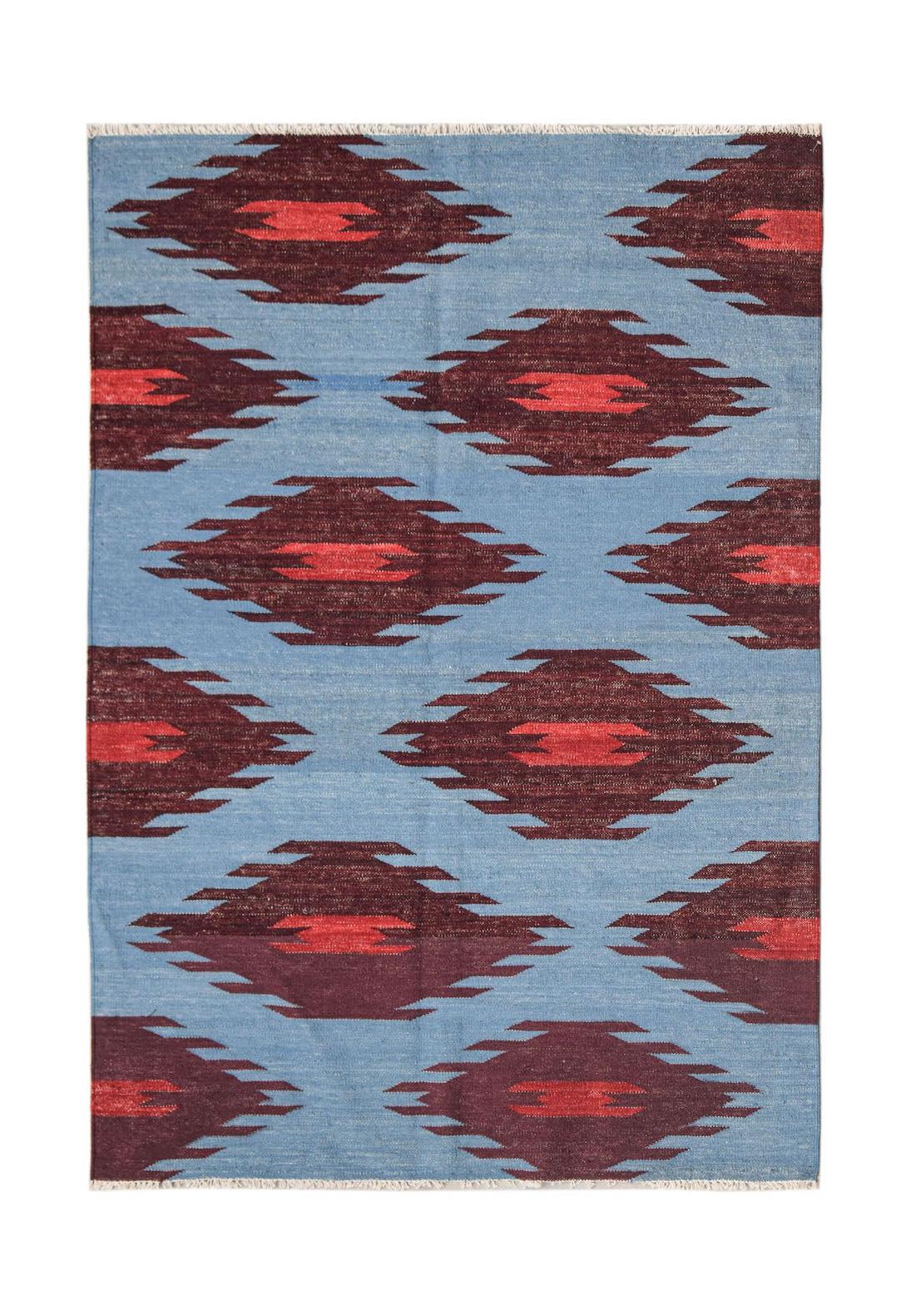 Handwoven Afghan Maimana kilim rug featuring a repeating geometric diamond pattern in red and blue.