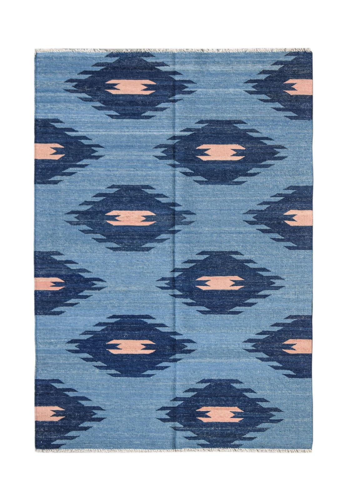 Afghan Maimana Kilim with blue, dark blue, and pink geometric pattern.