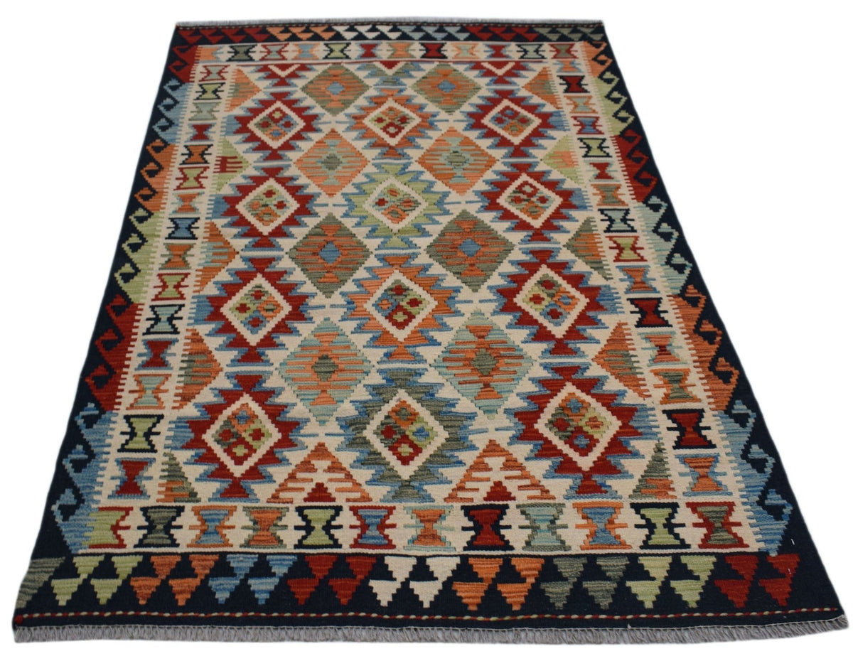 Handwoven Afghan Maimana kilim rug featuring a colorful geometric diamond pattern.