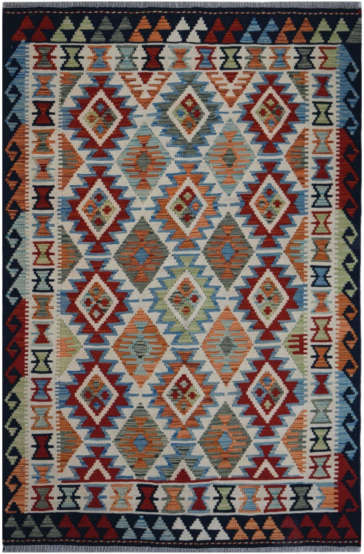 Handwoven Afghan Maimana kilim rug featuring a colorful geometric diamond pattern in wool.
