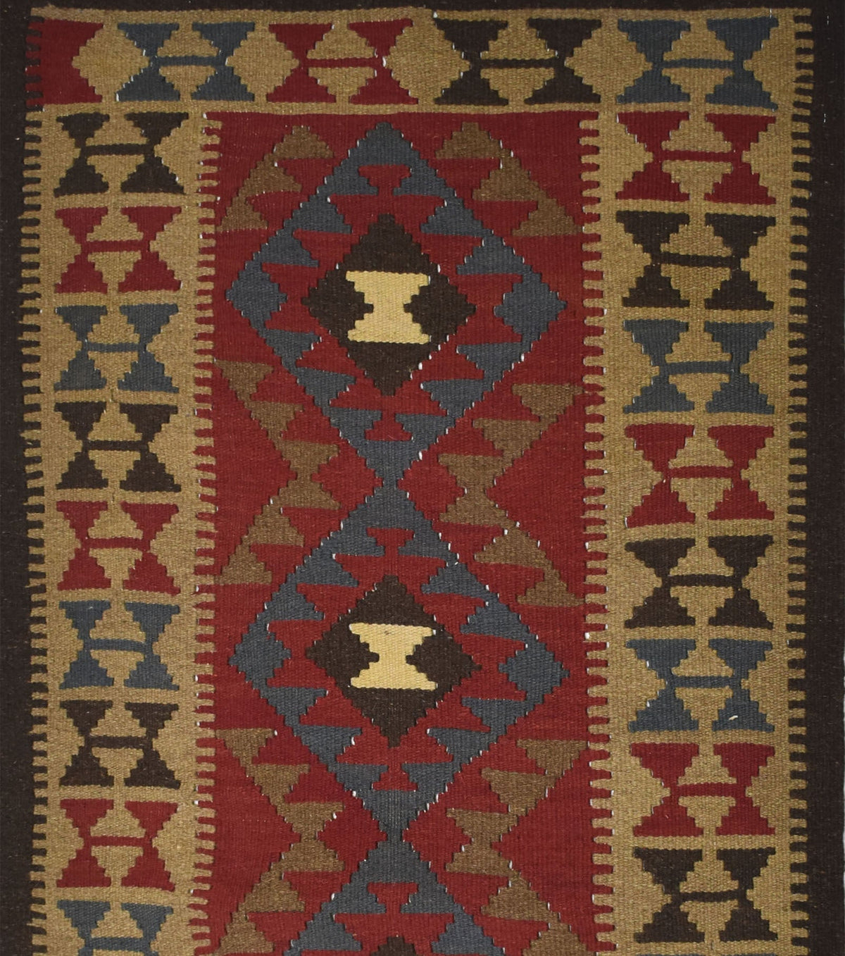 Handmade Afghan Maimana kilim rug featuring a geometric diamond pattern in red, blue, and tan.