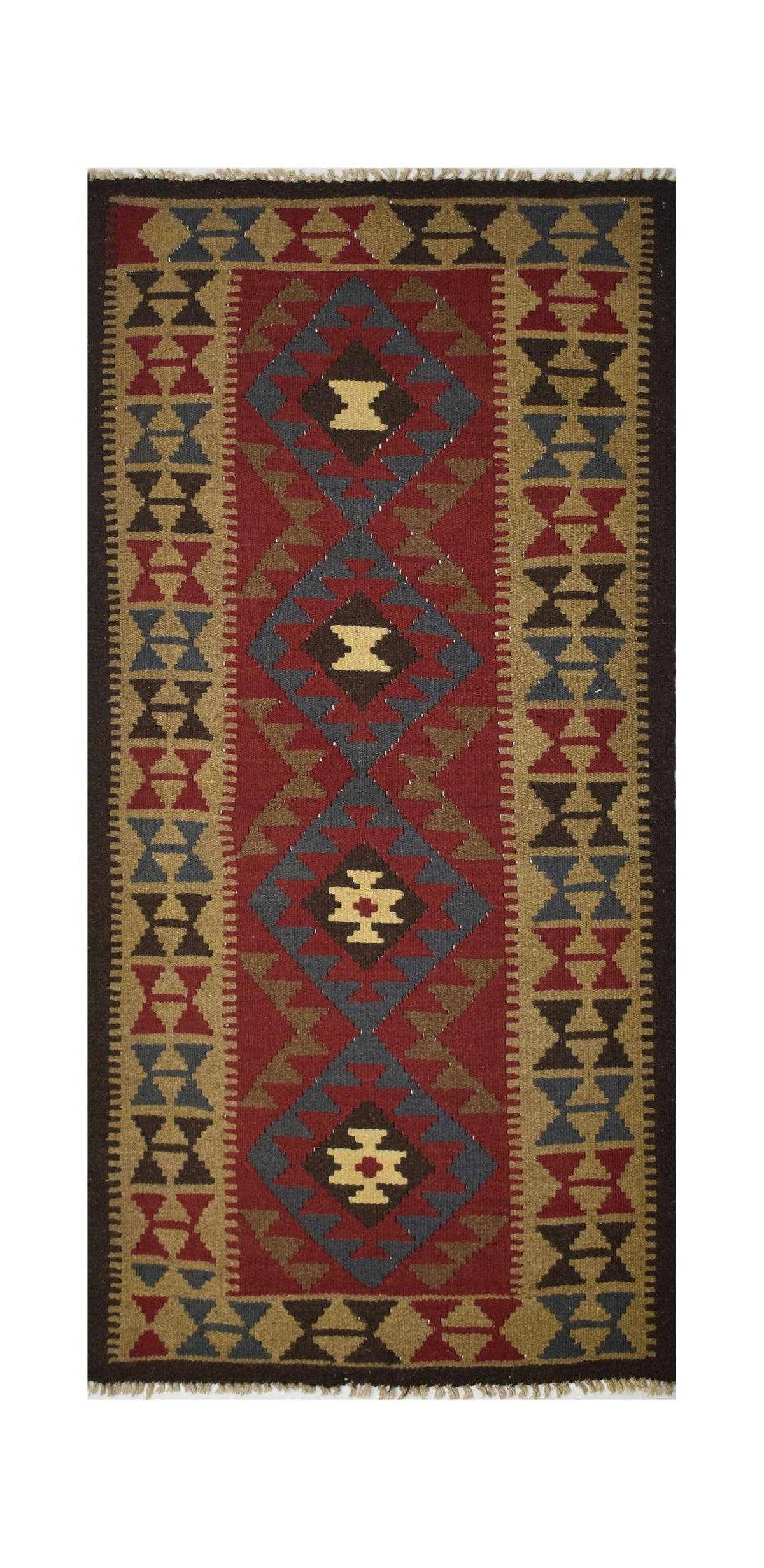 Handmade Afghan Maimana kilim rug featuring a geometric diamond pattern in red, blue, and tan.