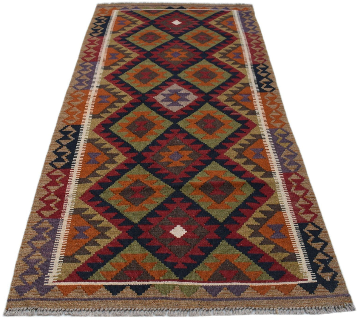 Handwoven Afghan Maimana kilim runner featuring a colorful geometric diamond pattern.