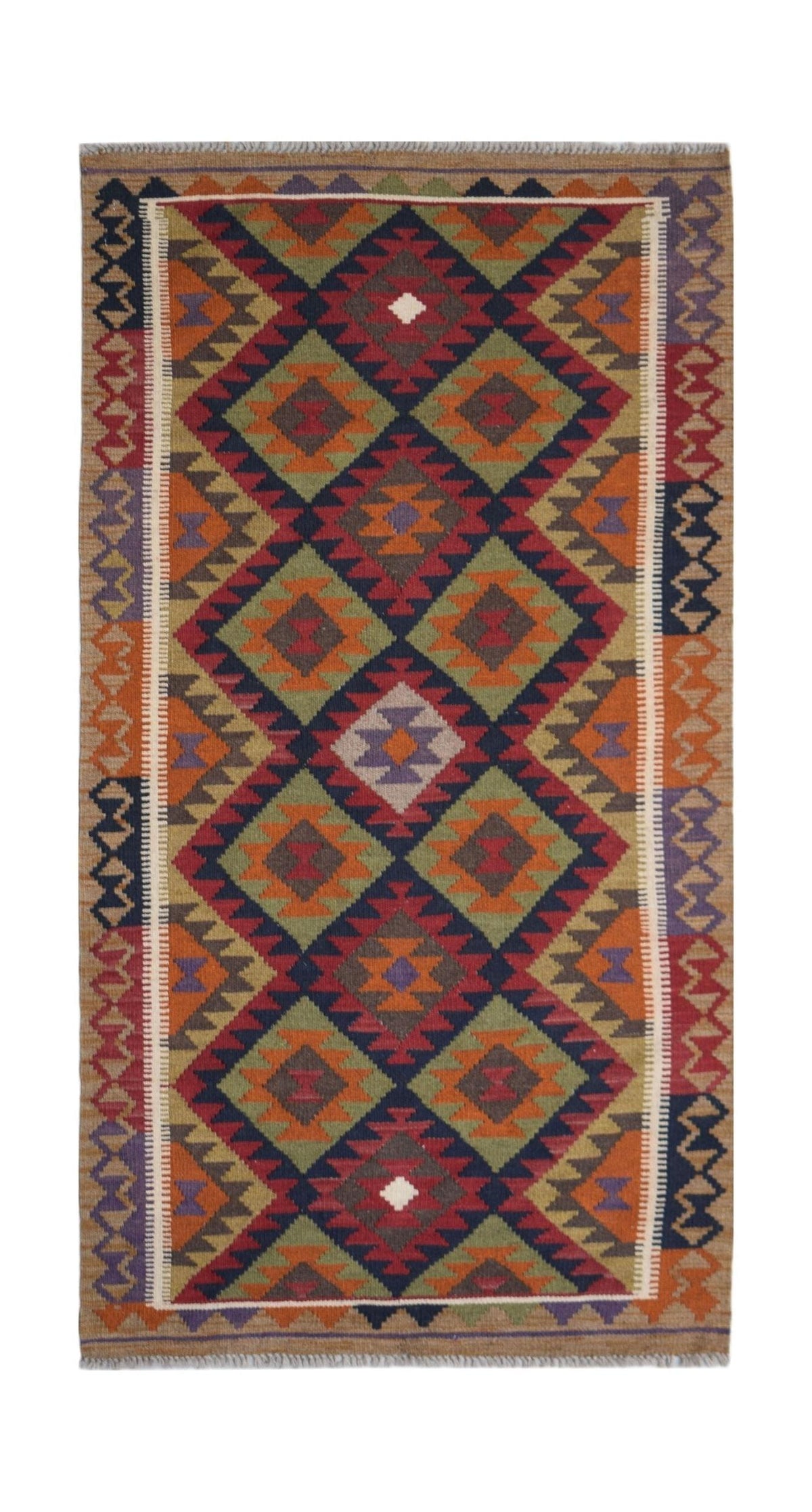 Handwoven Afghan Maimana kilim rug featuring a colorful geometric diamond pattern in wool.