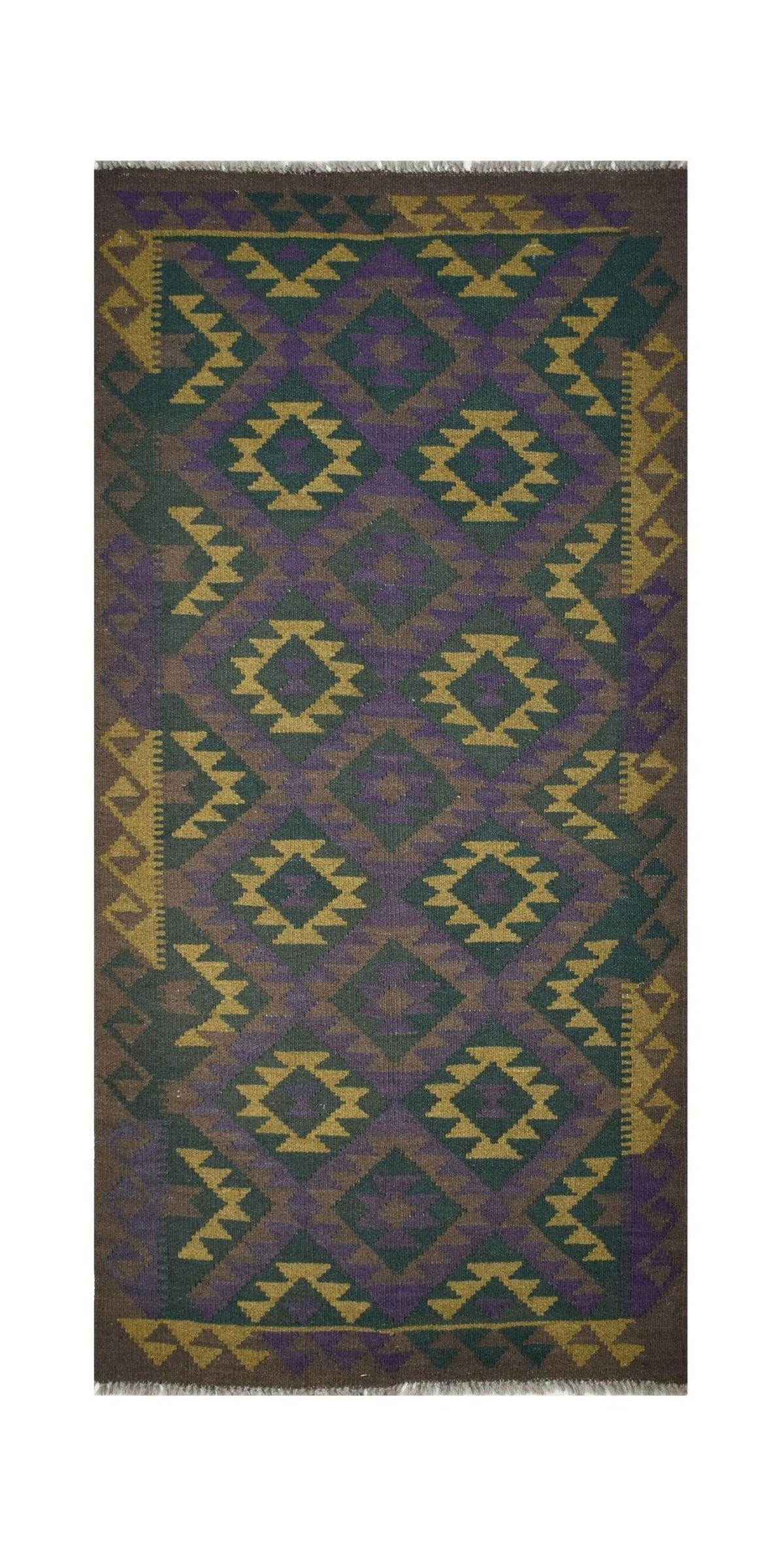 Handmade Afghan Maimana kilim rug featuring a geometric diamond pattern in purple, green, and gold.