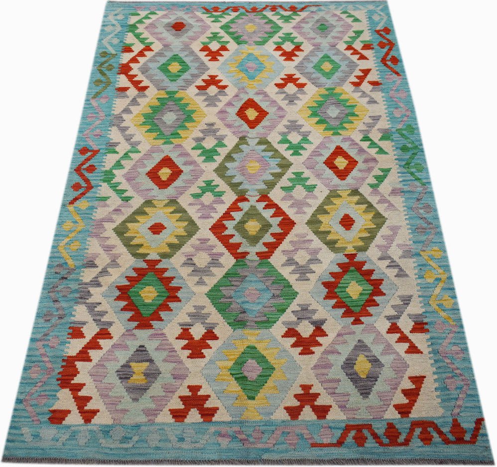 Afghan Maimana Kilim with geometric diamond patterns in multiple colors.