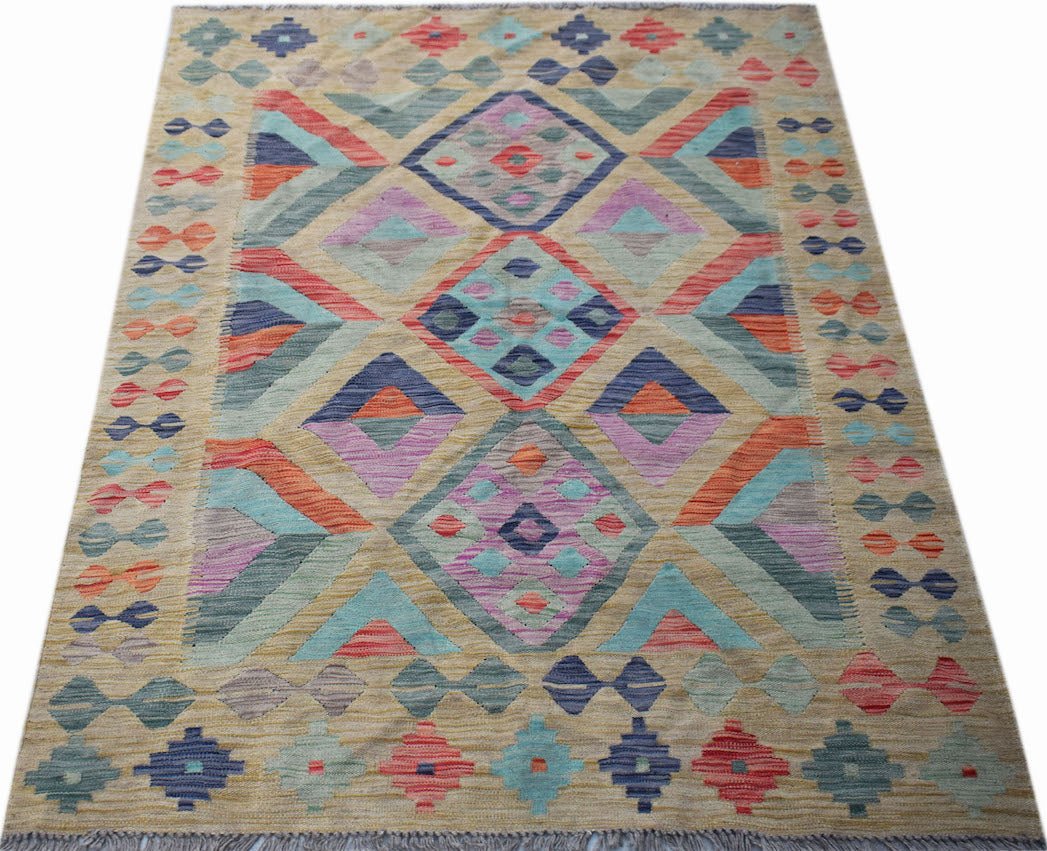 Handwoven Afghan Maimana kilim rug featuring a geometric diamond pattern in vibrant colors.