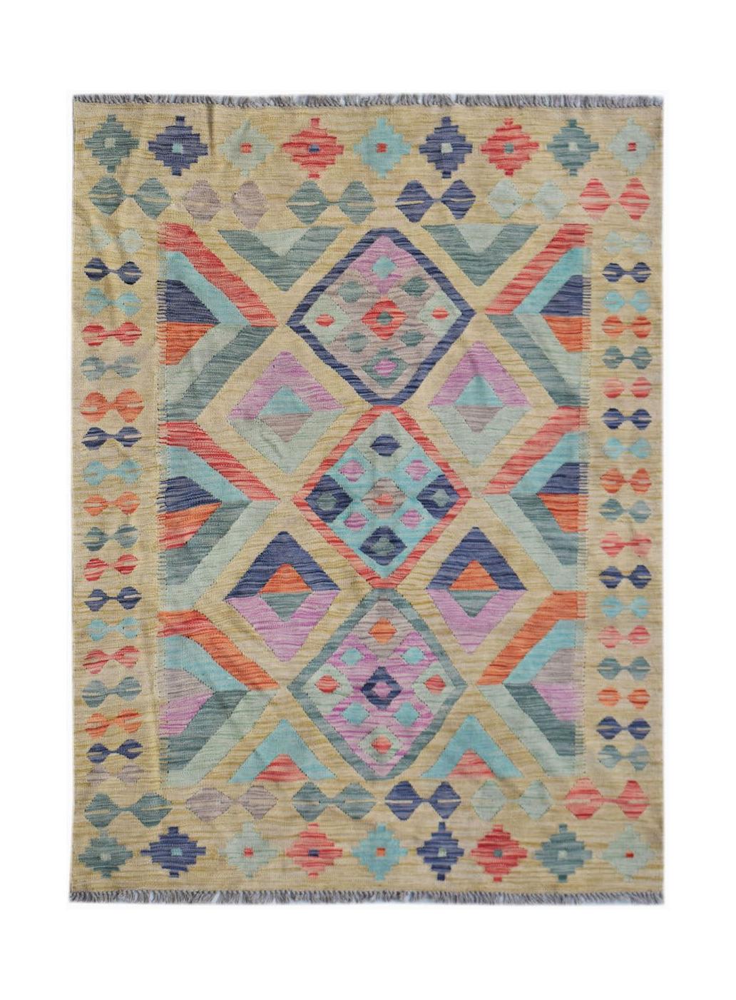 Handwoven Afghan Maimana kilim rug featuring a geometric diamond pattern in vibrant colors.