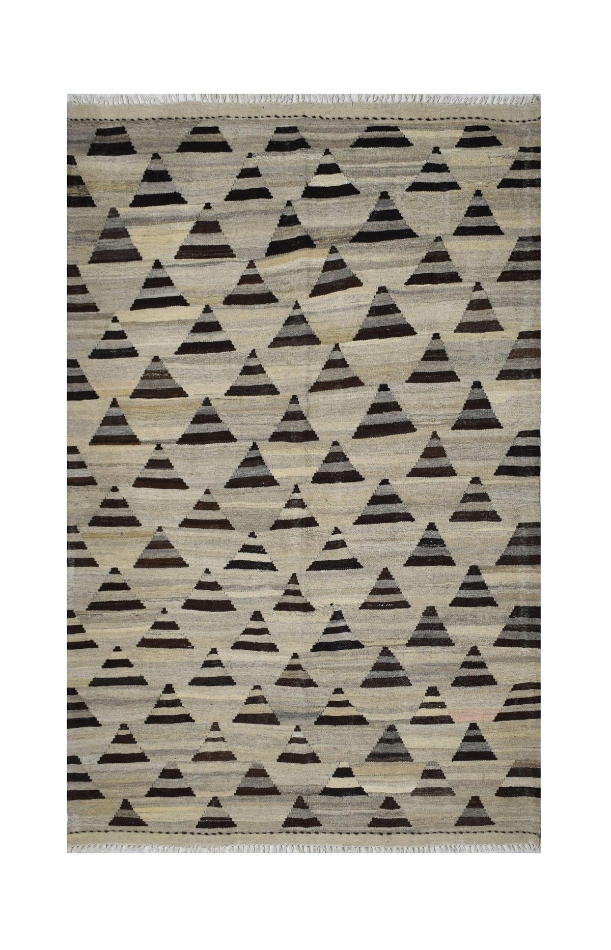 Handmade Afghan Maimana kilim rug featuring a repeating pattern of dark striped triangles.