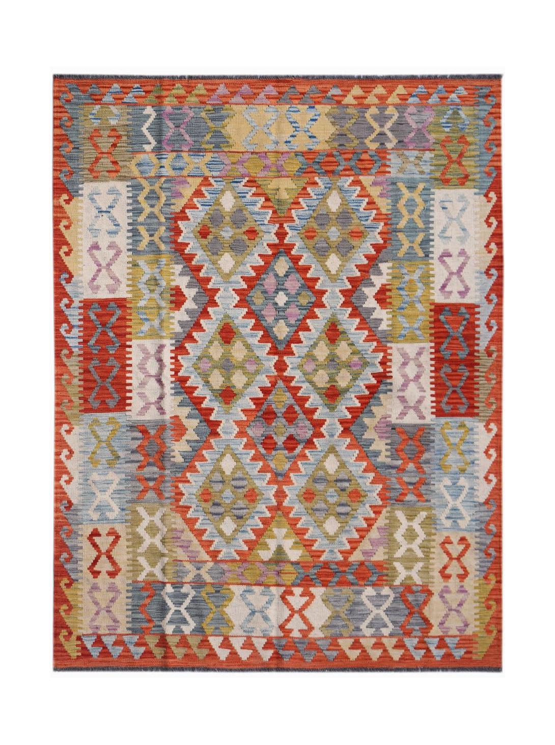 Handwoven Afghan Maimana kilim rug featuring a colorful geometric diamond pattern in wool.