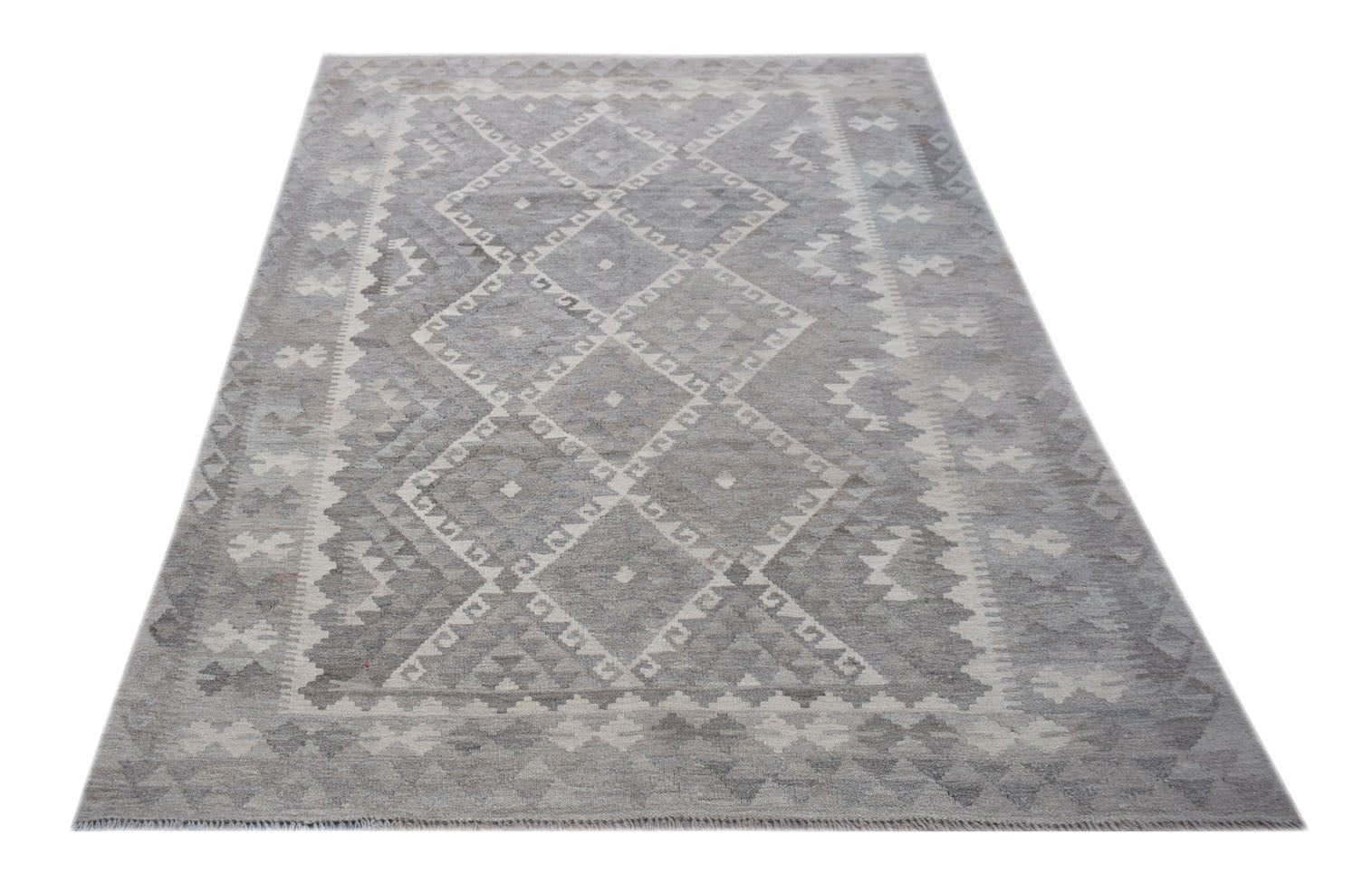 A rectangular Afghan Maimana kilim rug featuring a grey geometric diamond pattern.