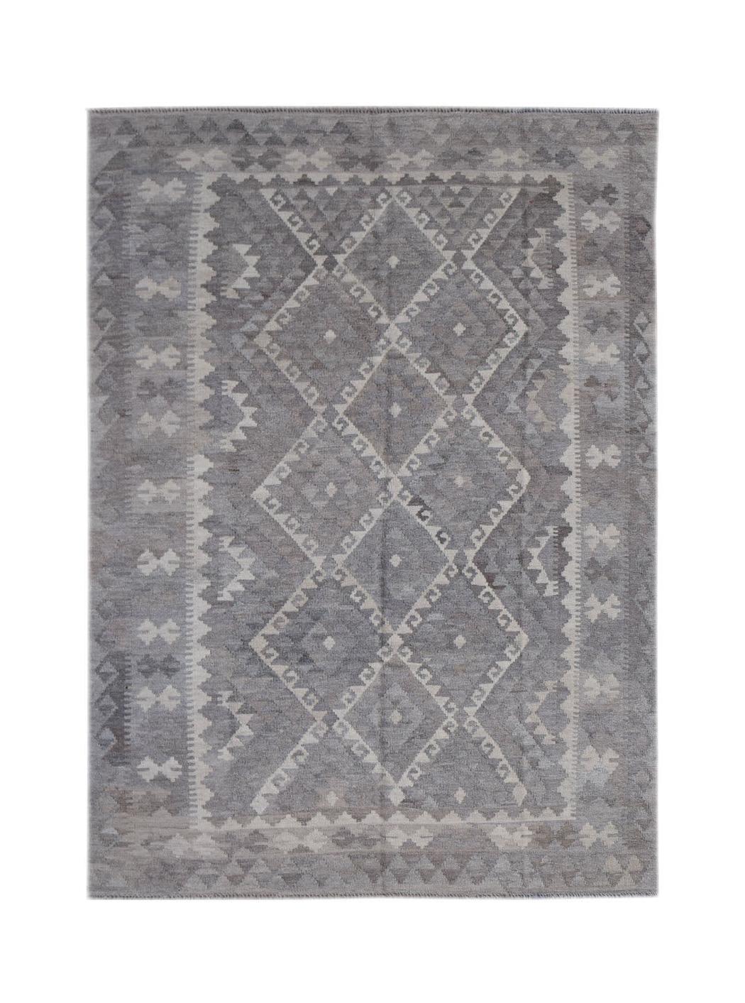 Handwoven Afghan Maiamana kilim featuring a grey geometric diamond pattern in natural wool.