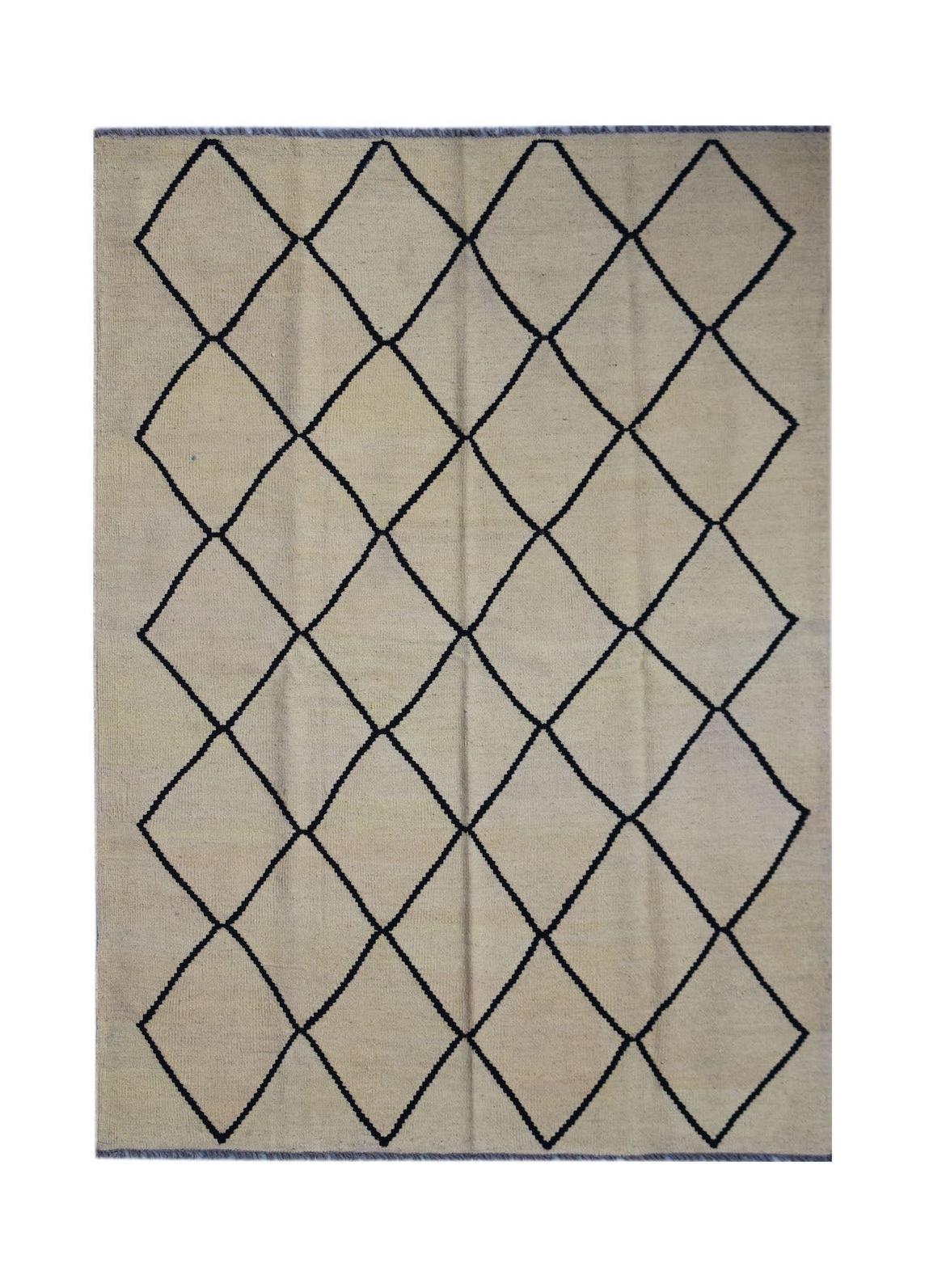 Handwoven Afghan Maimana wool kilim featuring a beige background with a black diamond pattern.