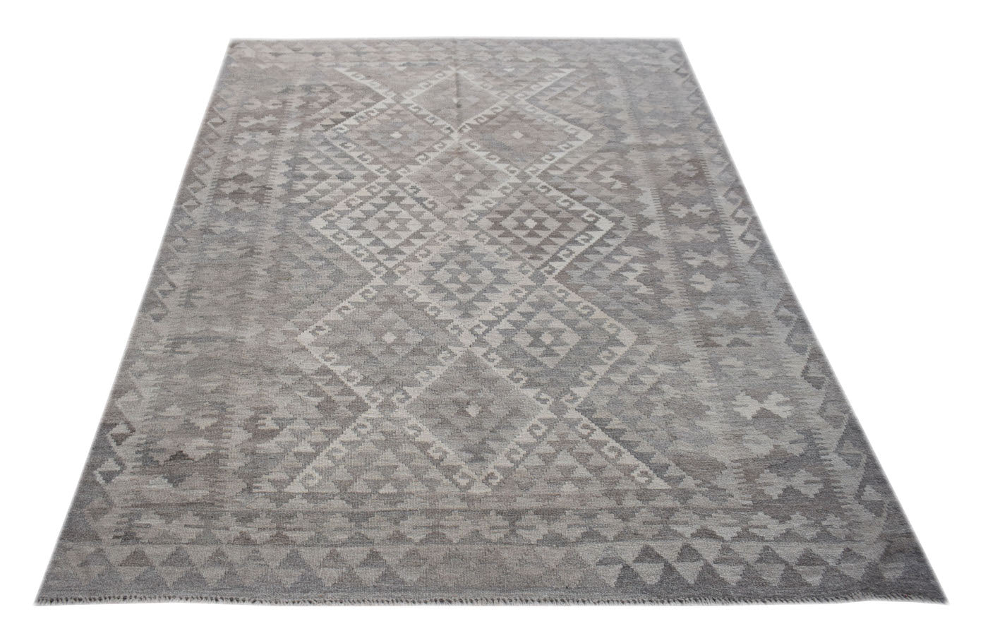A rectangular, handwoven Afghan Maimana kilim rug featuring a grey geometric diamond pattern.