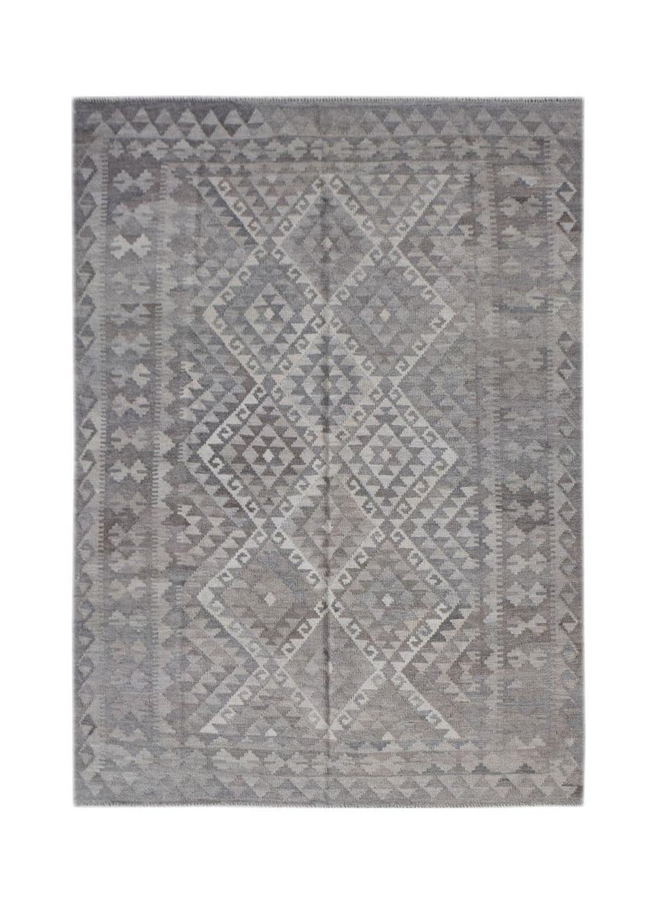 Handwoven Afghan Maimana kilim rug featuring a grey geometric diamond pattern in natural wool.