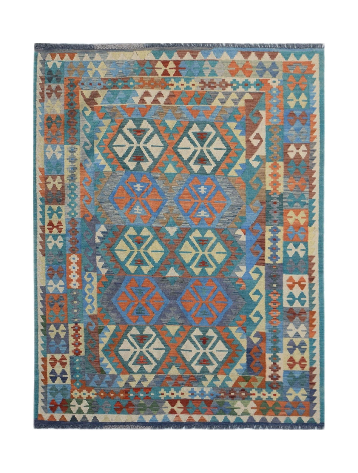 Handwoven Afghan Maimana kilim rug featuring a colorful geometric pattern in wool.