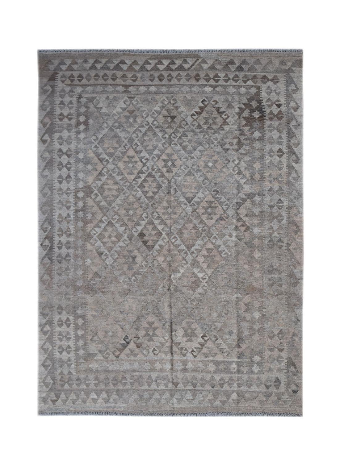 Handwoven Afghan Maimana kilim rug featuring a neutral grey geometric diamond pattern.