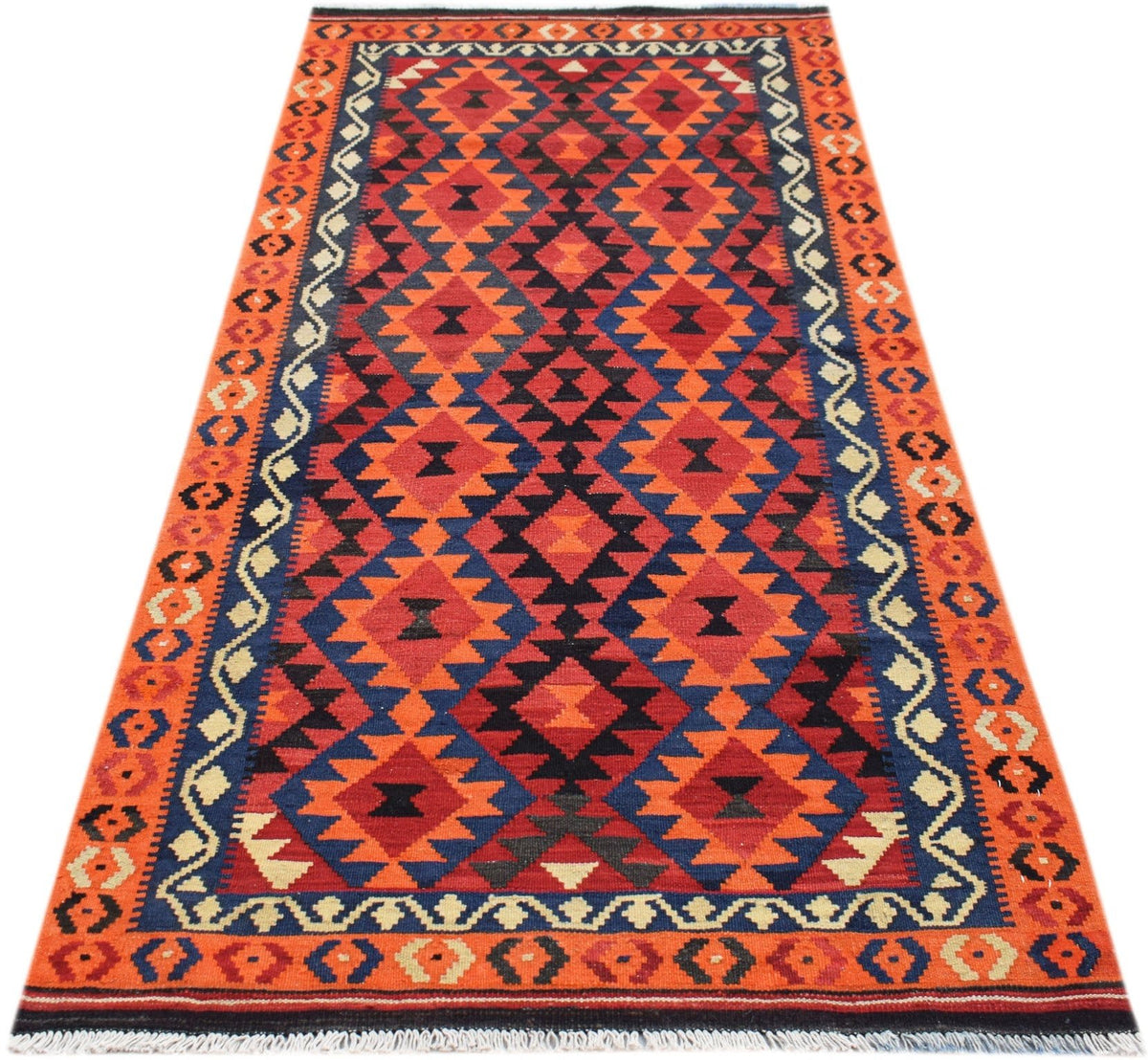Handwoven Afghan Maimana kilim runner featuring a geometric diamond pattern in red, blue, and black.