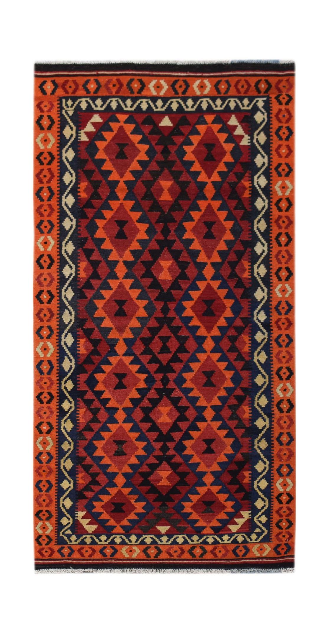 Handwoven Afghan Maimana kilim featuring a geometric diamond pattern in red, black, and blue.
