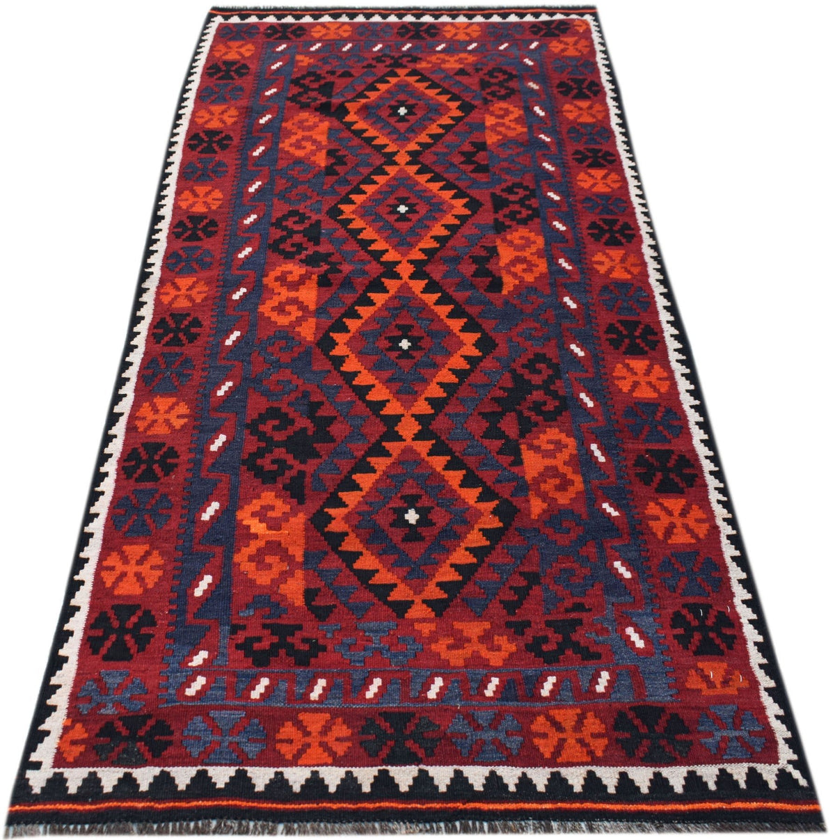 Handwoven Afghan Maimana kilim runner featuring a geometric diamond pattern in red, orange, and blue.