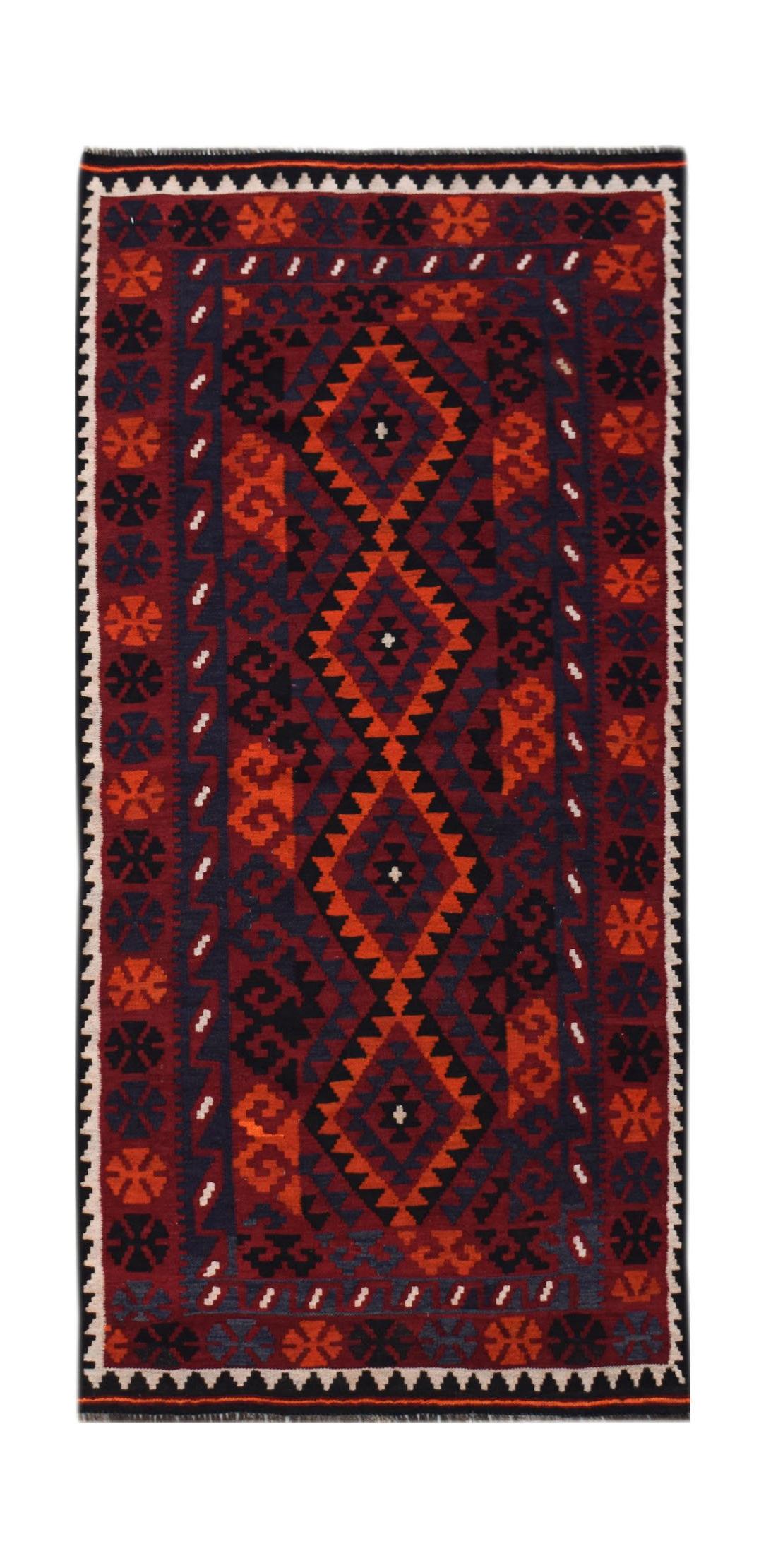 Handwoven Afghan Maimana kilim rug featuring a geometric diamond pattern in red and dark blue.
