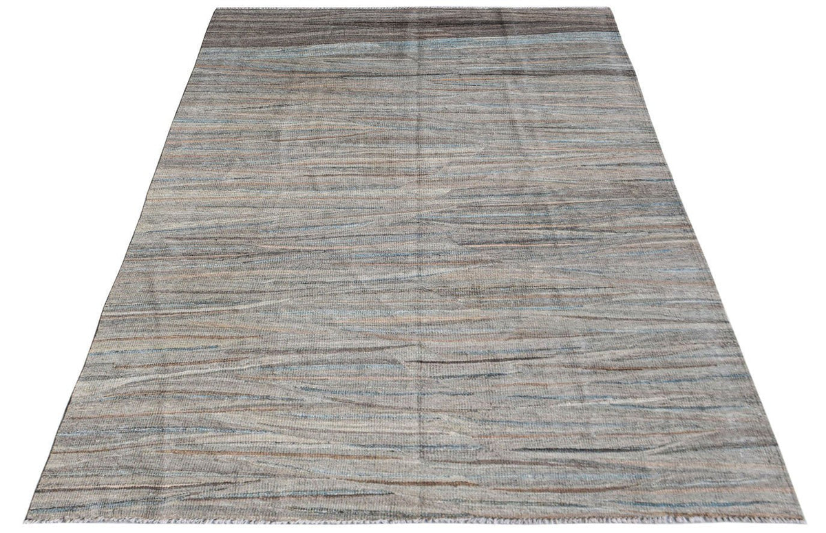 A rectangular Afghan Maimana kilim rug featuring a textured, multi-toned grey striped pattern.