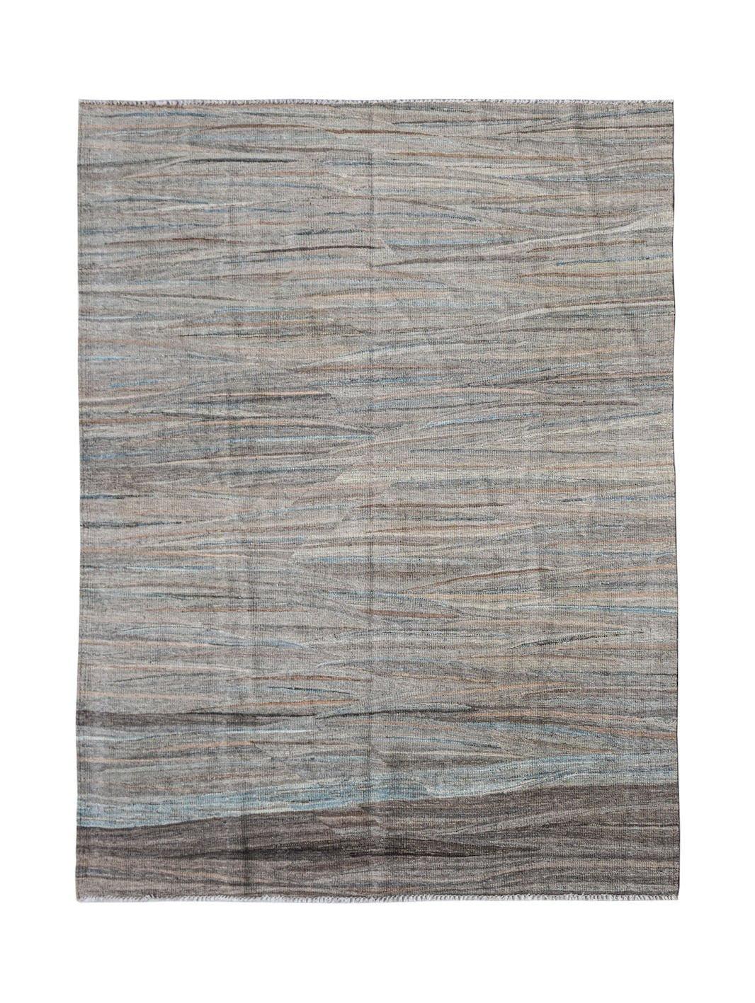 Afghan Maimana Kilim with horizontal stripes in grey, blue, and brown tones.