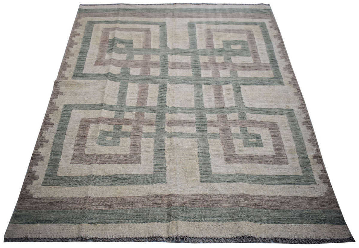 Handwoven Afghan Maimana kilim rug featuring a geometric pattern in muted green and brown tones.