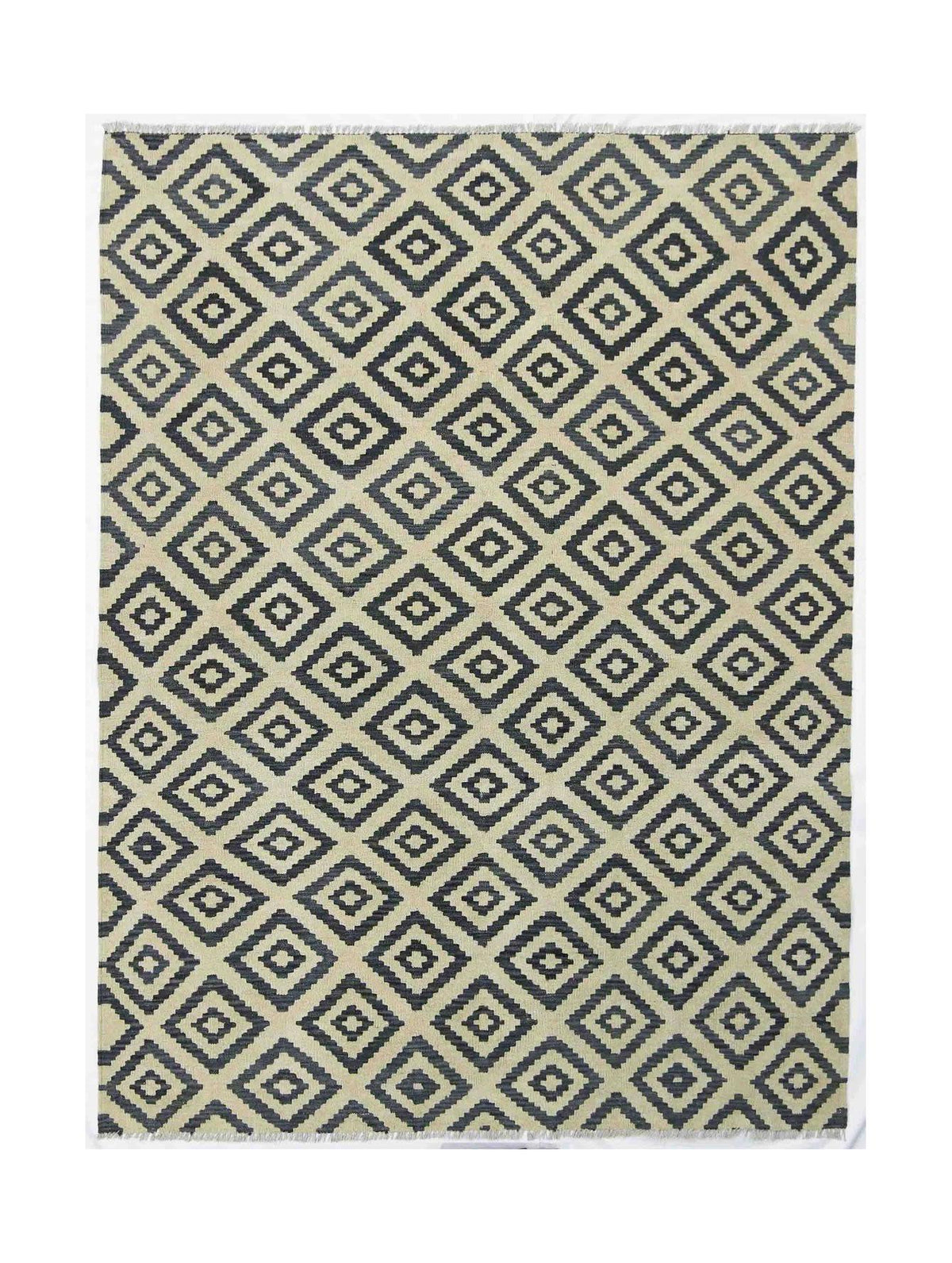 Handmade Afghan Maimana kilim rug featuring a repeating dark grey and beige geometric pattern.