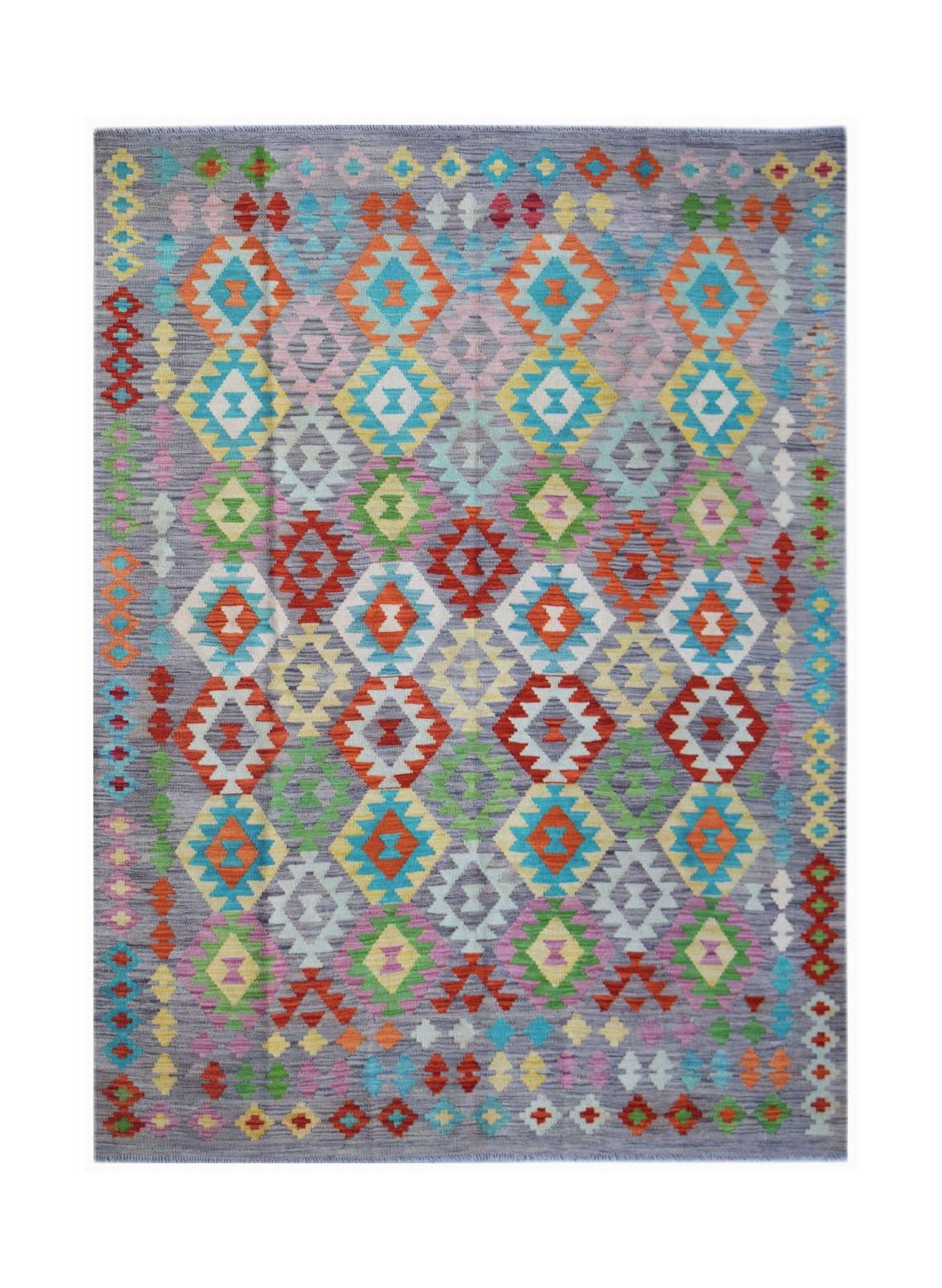 Afghan Maimana Kilim with geometric diamond patterns in various colors on a gray background.