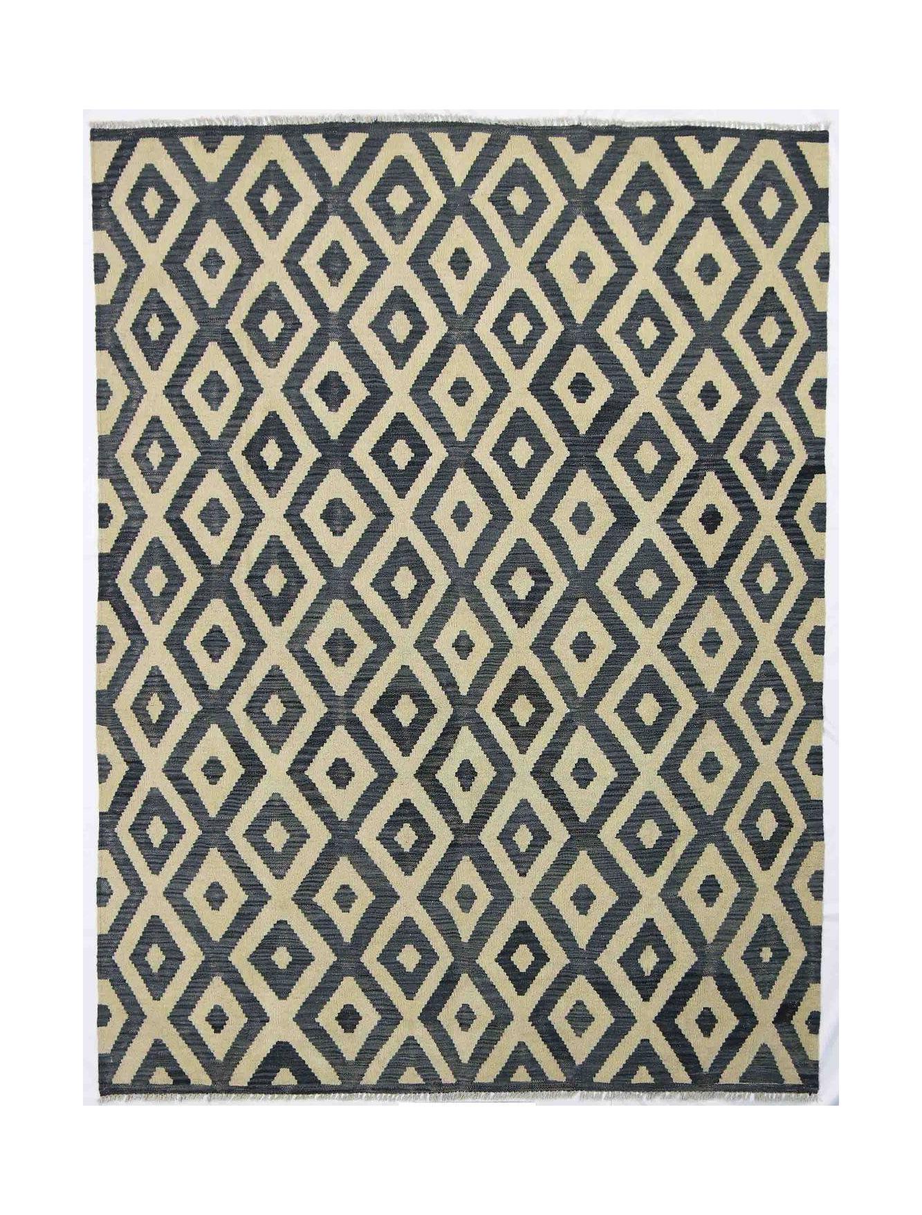 Handmade Afghan Maimana kilim rug featuring a repeating dark grey and beige diamond pattern.