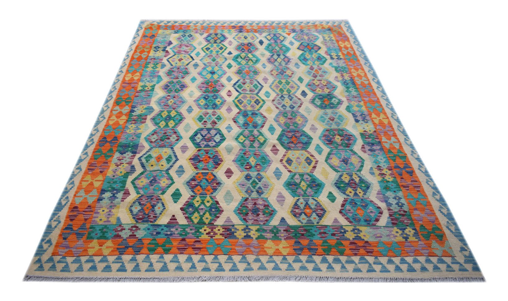 Handwoven Afghan Maimana kilim rug featuring a colorful geometric pattern on a cream background.