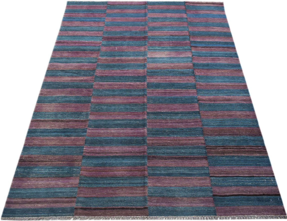Handwoven Afghan Maimana kilim rug featuring horizontal stripes in shades of blue and purple.