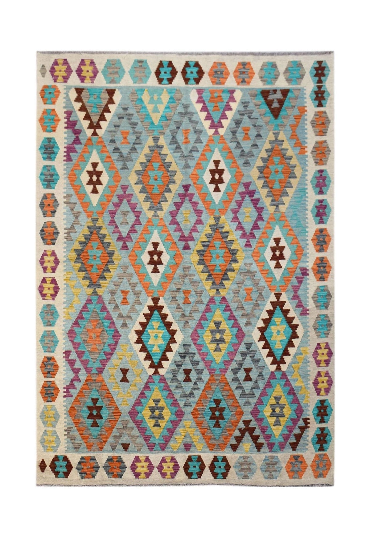 Handwoven Afghan Maimana kilim rug featuring a colorful geometric diamond pattern on a blue field.