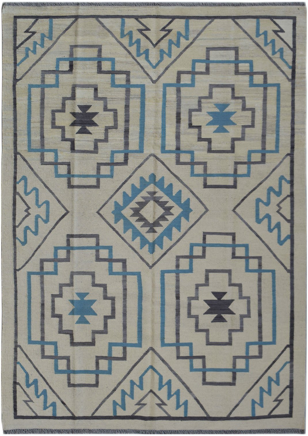 Handwoven Afghan Maimana kilim rug featuring a geometric pattern in blue, grey, and cream.