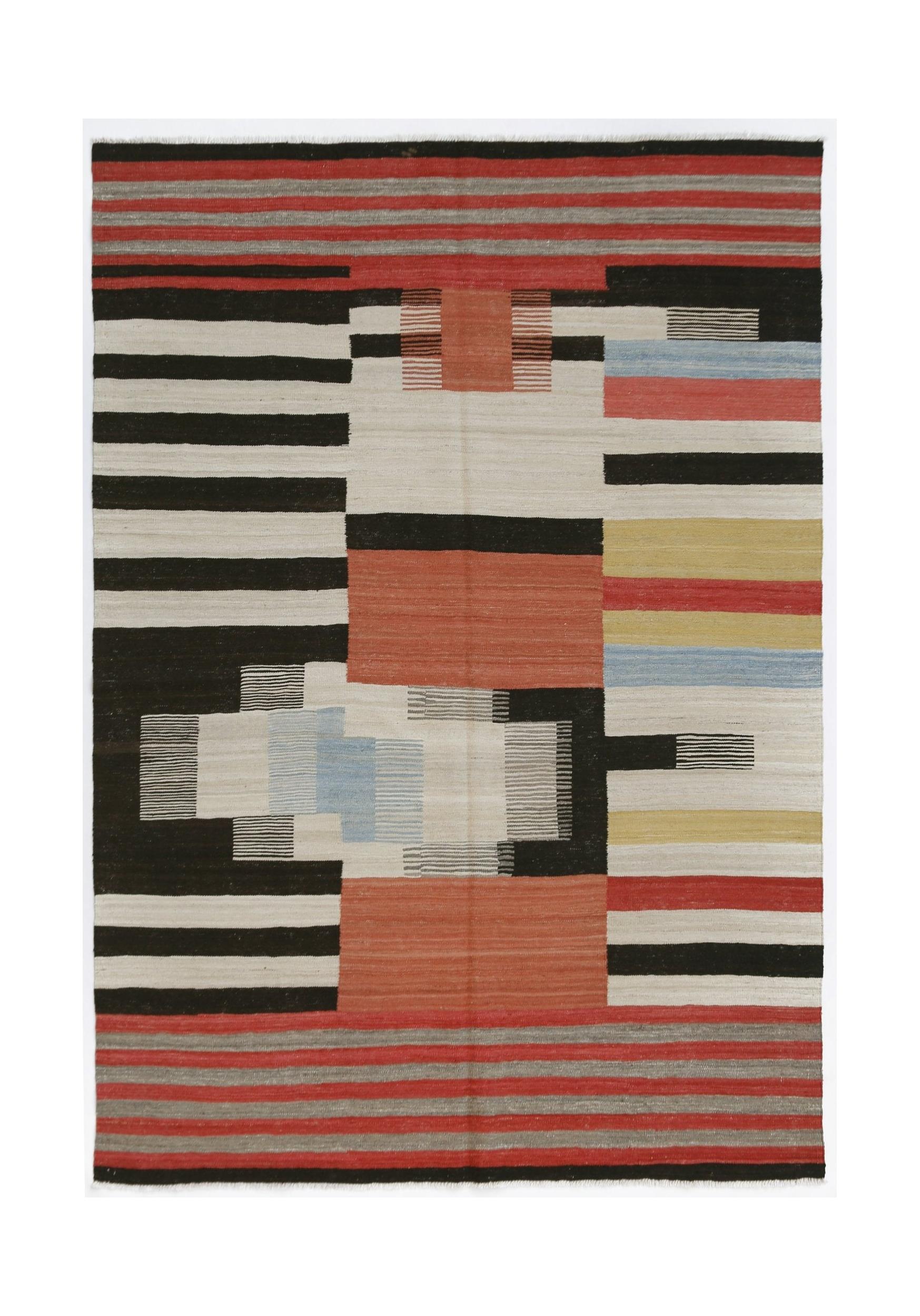 Handwoven Afghan Maimana kilim featuring a geometric pattern of multicolored stripes and blocks.